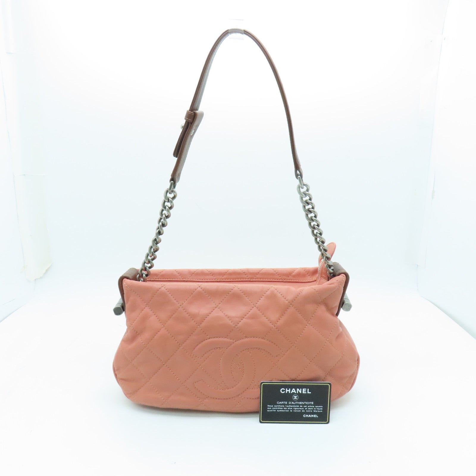 CHANEL 【激減優惠】菱格皮革Shoulder Bag銀扣鏈帶肩背袋粉紅色