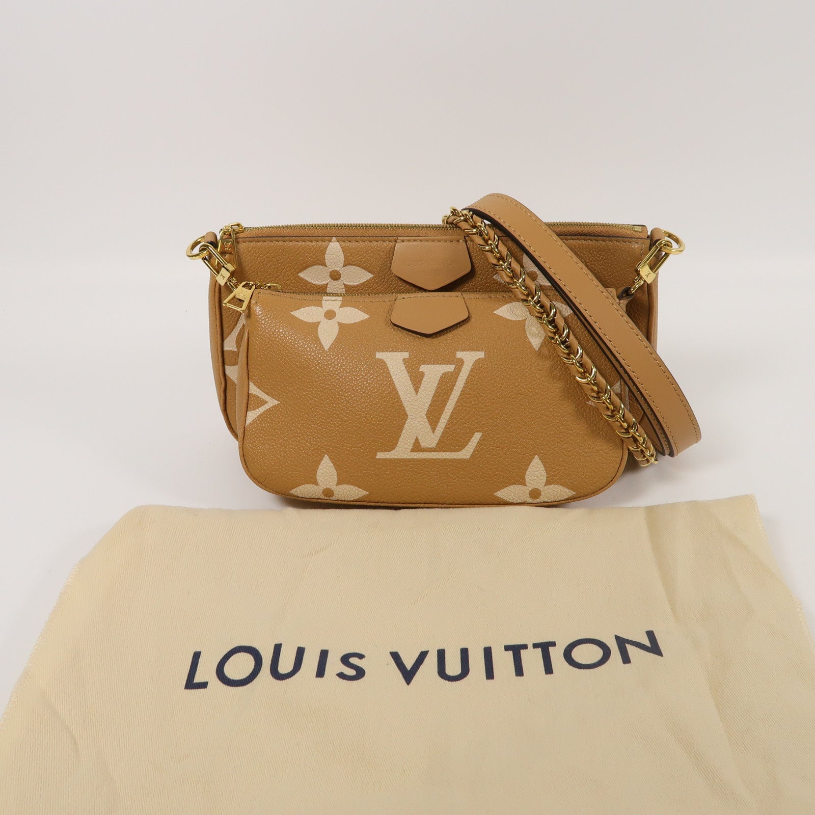 LOUIS VUITTON Monogram Empreinte Multi Pochette Accessoires金扣鏈帶手挽肩背兩用袋淺棕色/米色