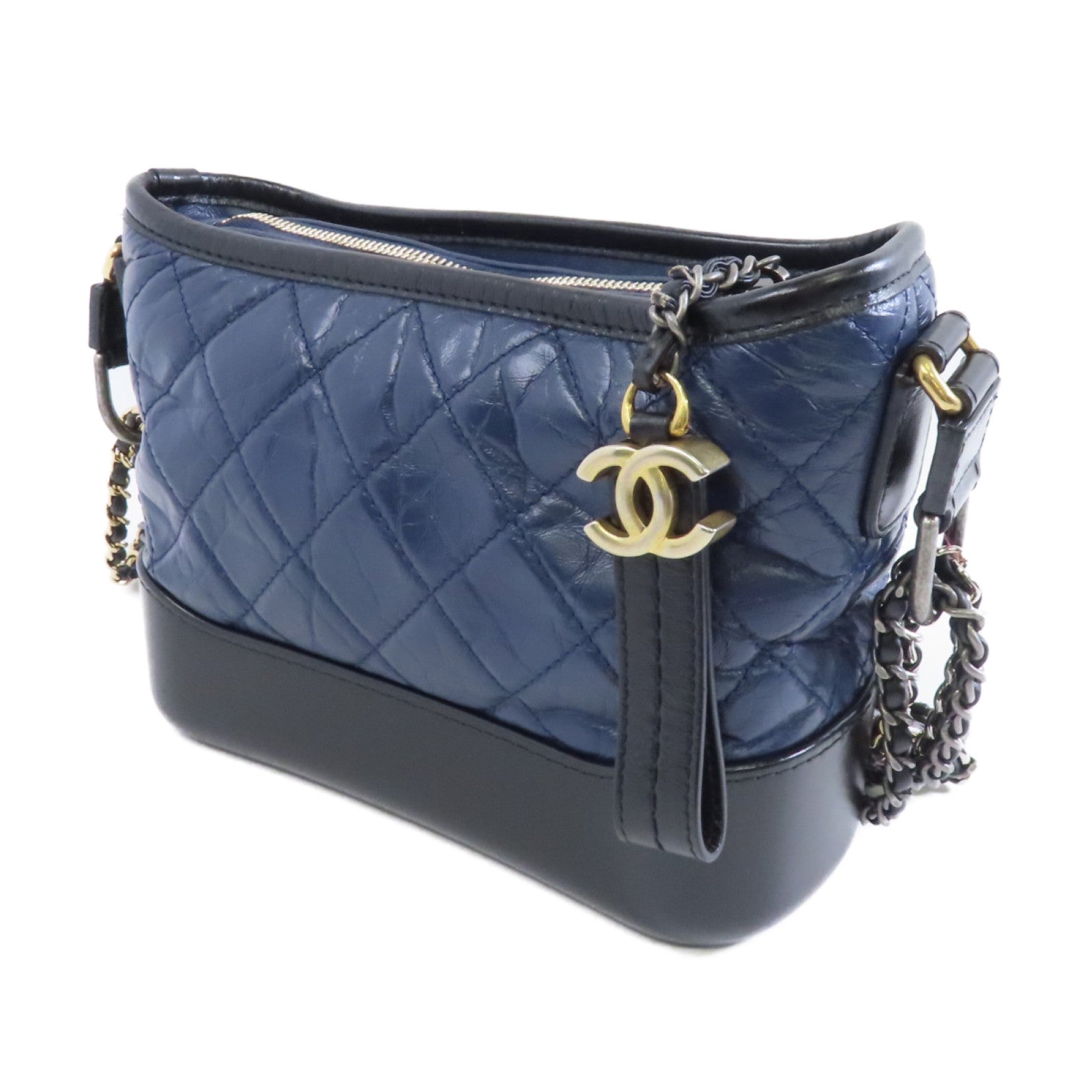 CHANEL 【激減優惠】菱格牛皮皮革Gabrielle金扣鏈帶肩背袋藍色/黑色