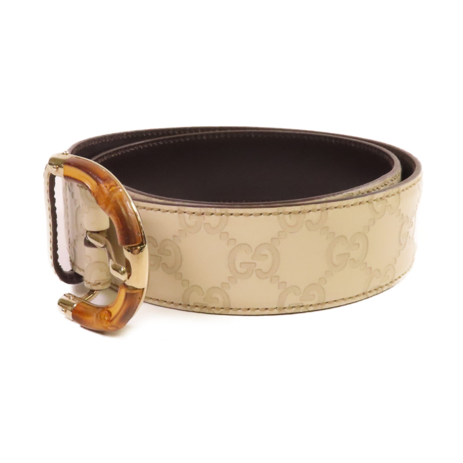 GUCCI 牛皮皮革GG Bamboo Belt金扣皮帶米白色/啡色