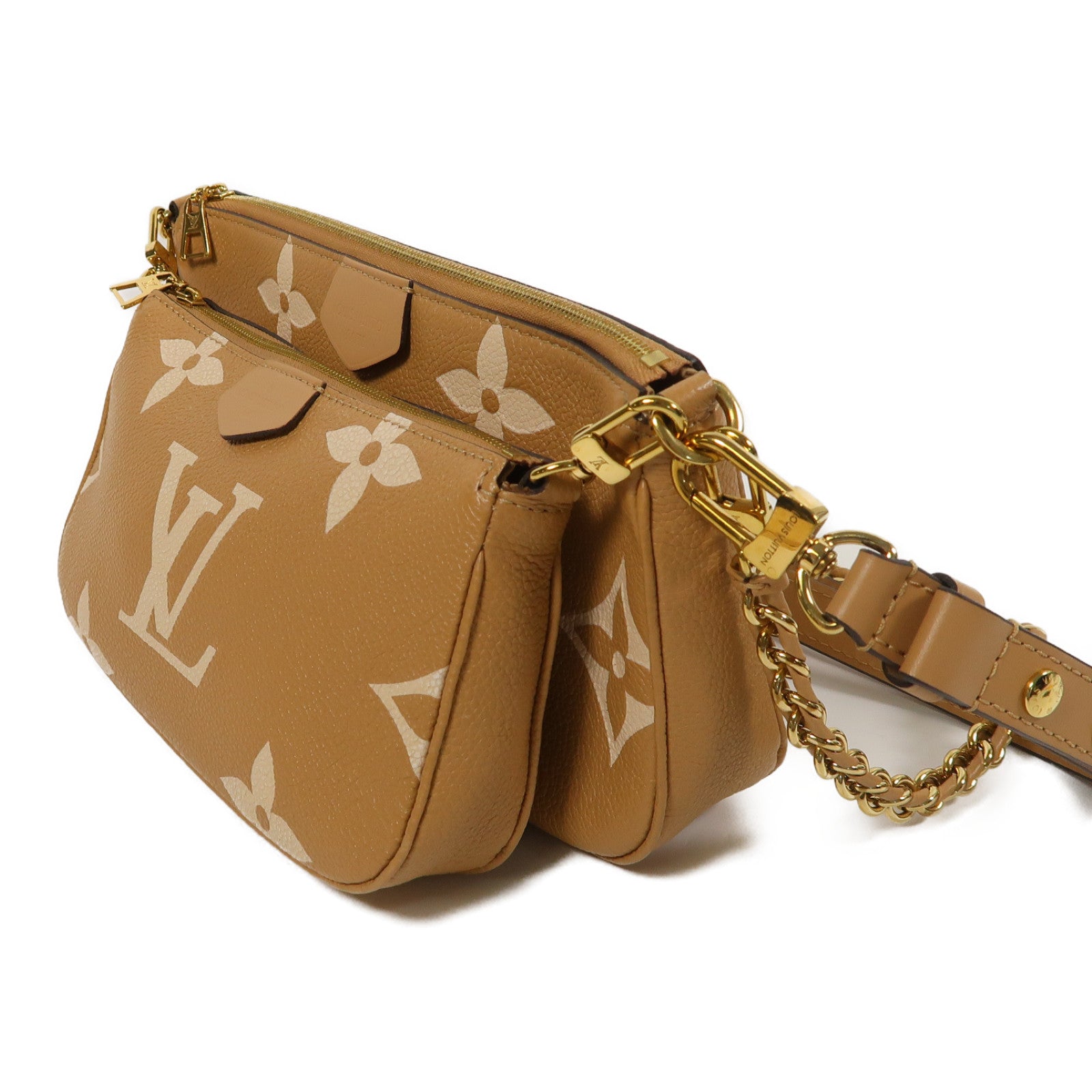 LOUIS VUITTON Monogram Empreinte Multi Pochette Accessoires金扣鏈帶手挽肩背兩用袋淺棕色/米色
