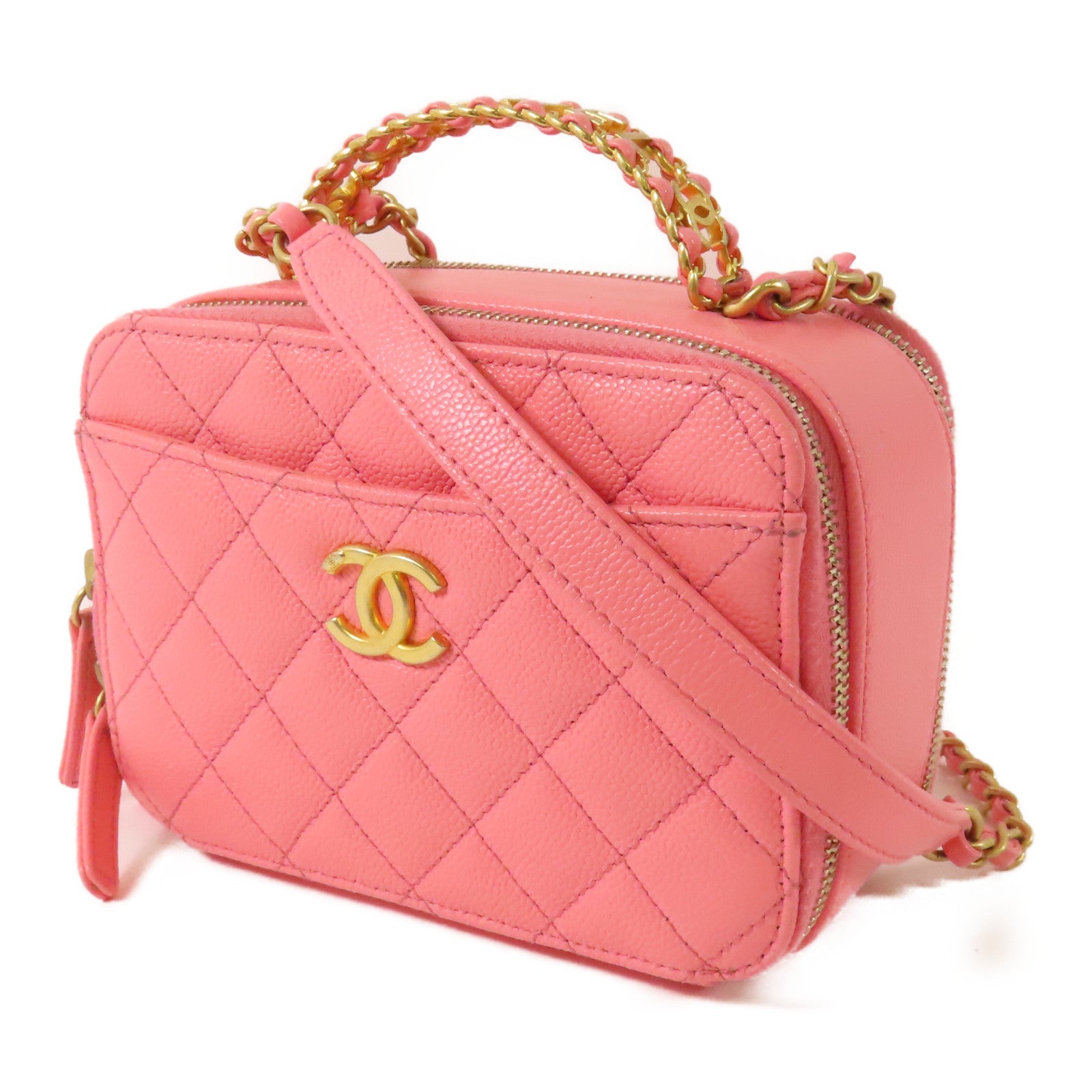 CHANEL CC GHW Vanity Case 2Way Shoulder Handbag Calfskin Leather Pink
