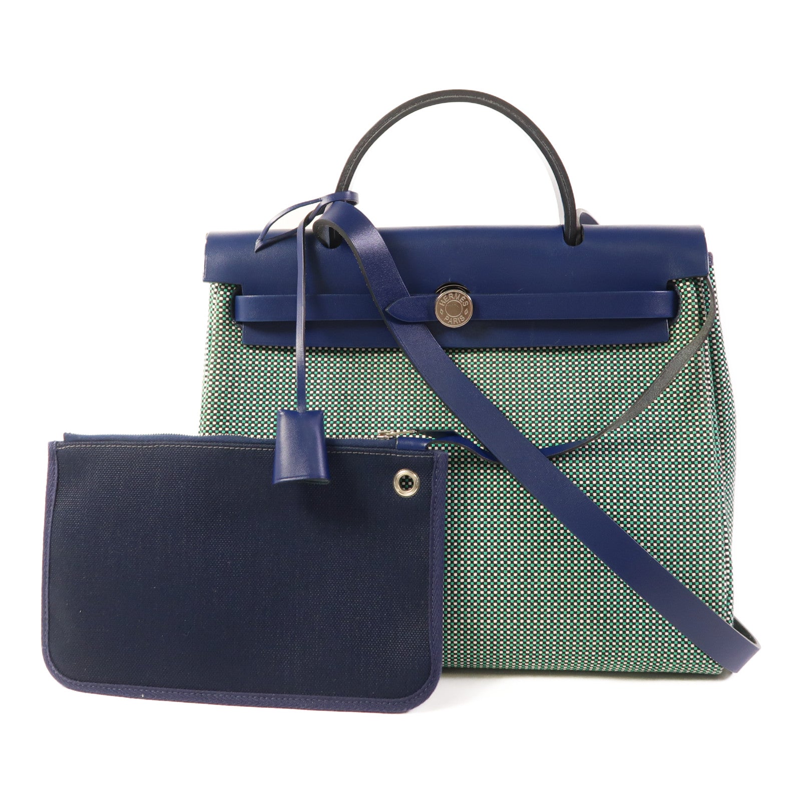 HERMES Toile Quadrille Viking Herbag PM手挽肩背兩用袋Noir/Blanc/Menthe