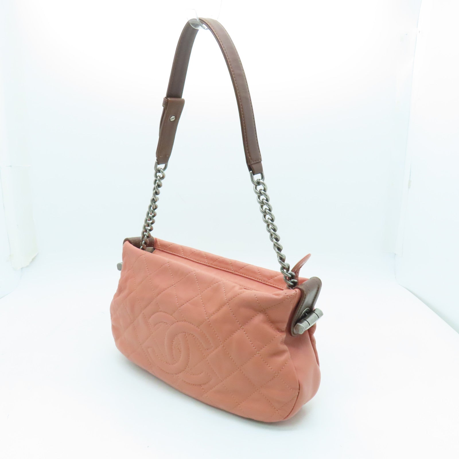 CHANEL 【激減優惠】菱格皮革Shoulder Bag銀扣鏈帶肩背袋粉紅色