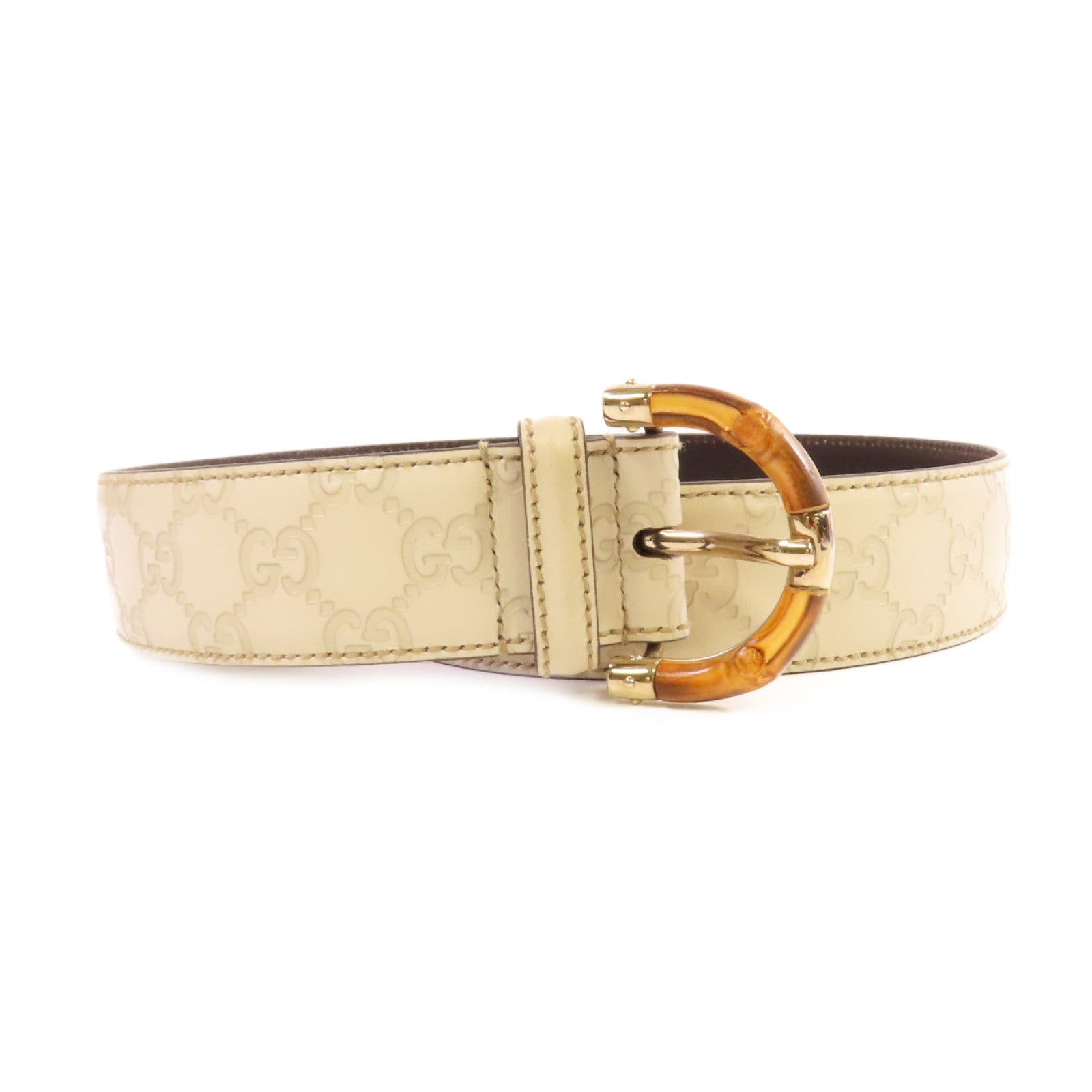 GUCCI 牛皮皮革GG Bamboo Belt金扣皮帶米白色/啡色