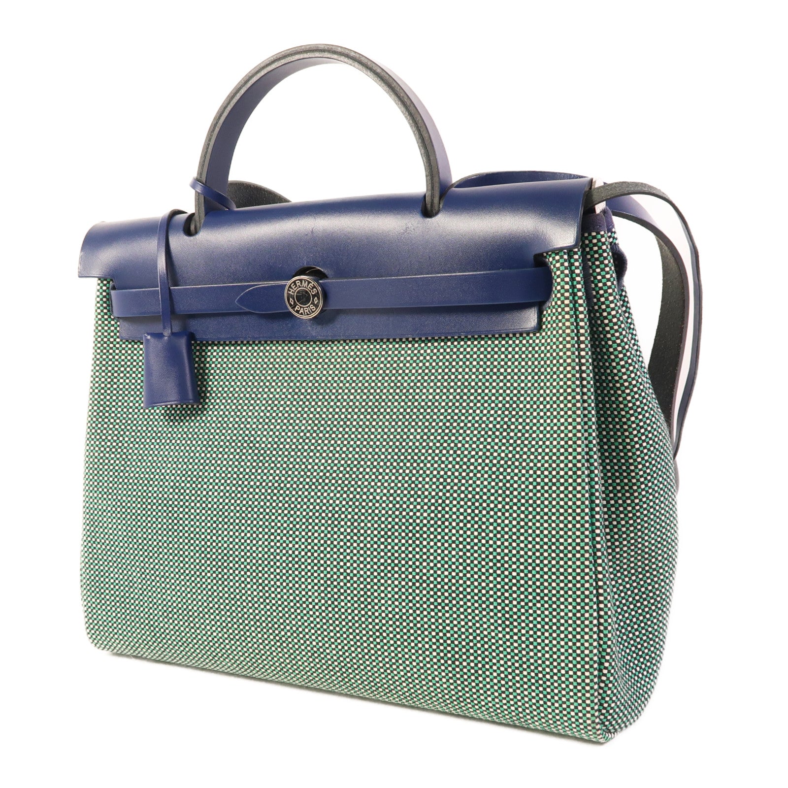 HERMES Toile Quadrille Viking Herbag PM手挽肩背兩用袋Noir/Blanc/Menthe
