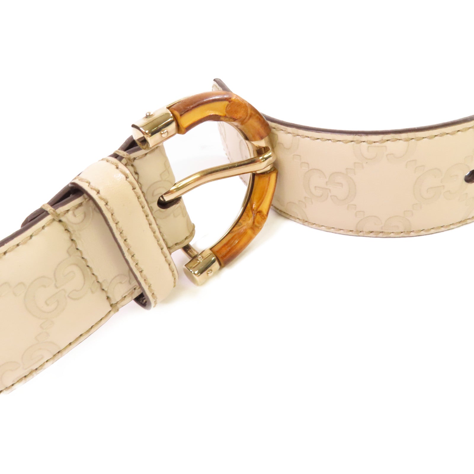 GUCCI 牛皮皮革GG Bamboo Belt金扣皮帶米白色/啡色