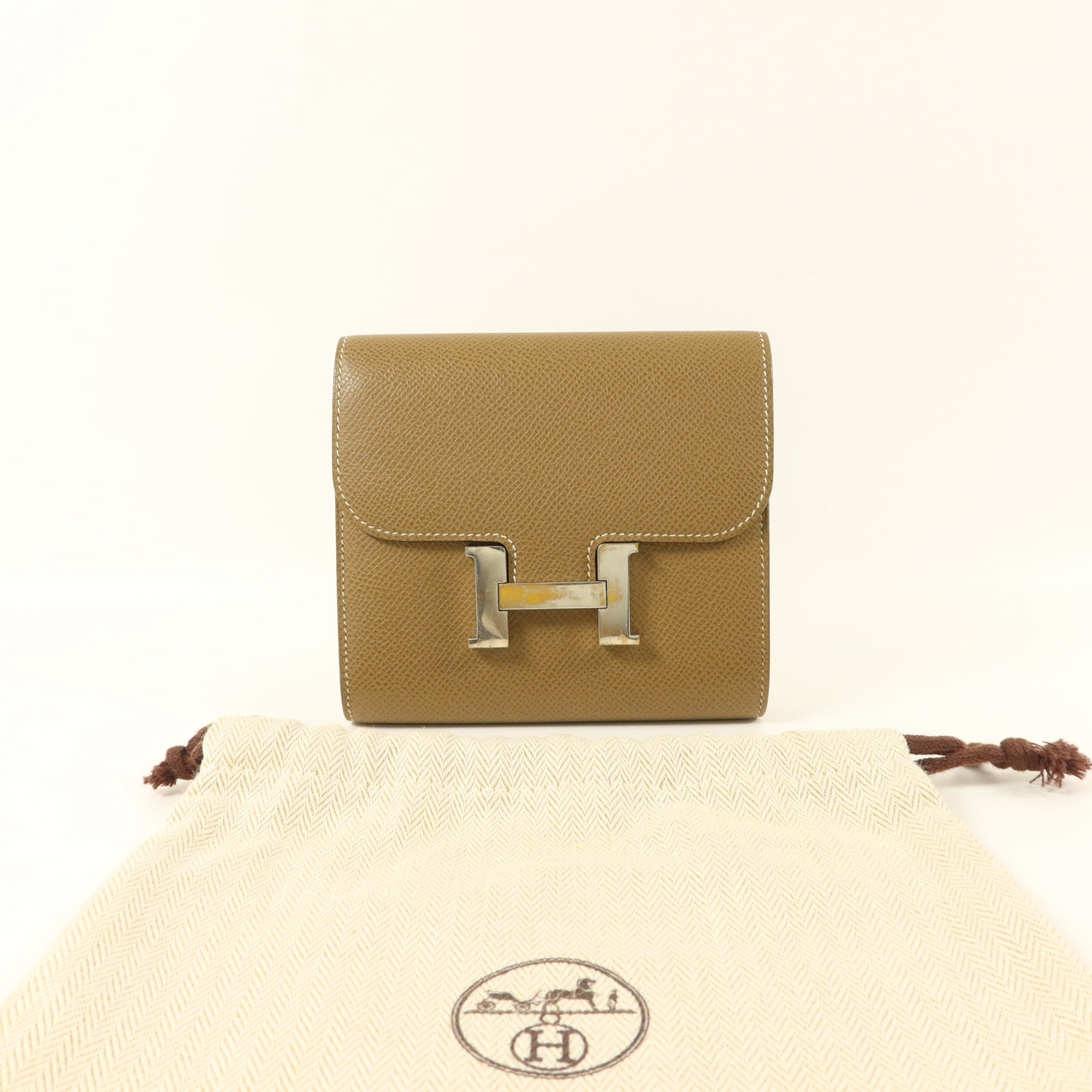 HERMES Epsom皮革Constance Compact Wallet銀扣錢包Etoupe