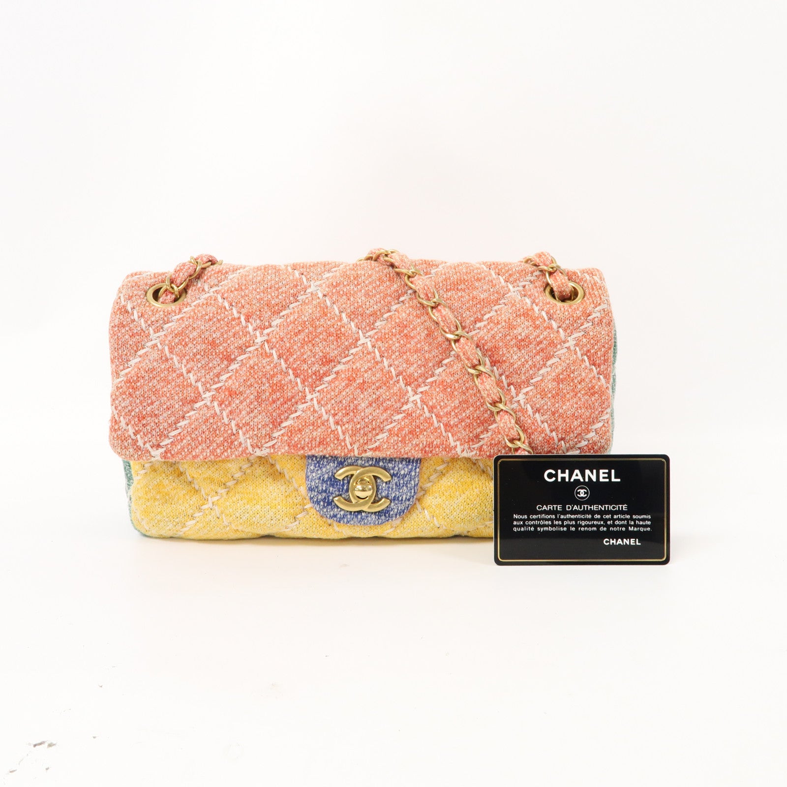CHANEL 菱格帆布Shouder Bag金扣鏈帶肩背袋彩色
