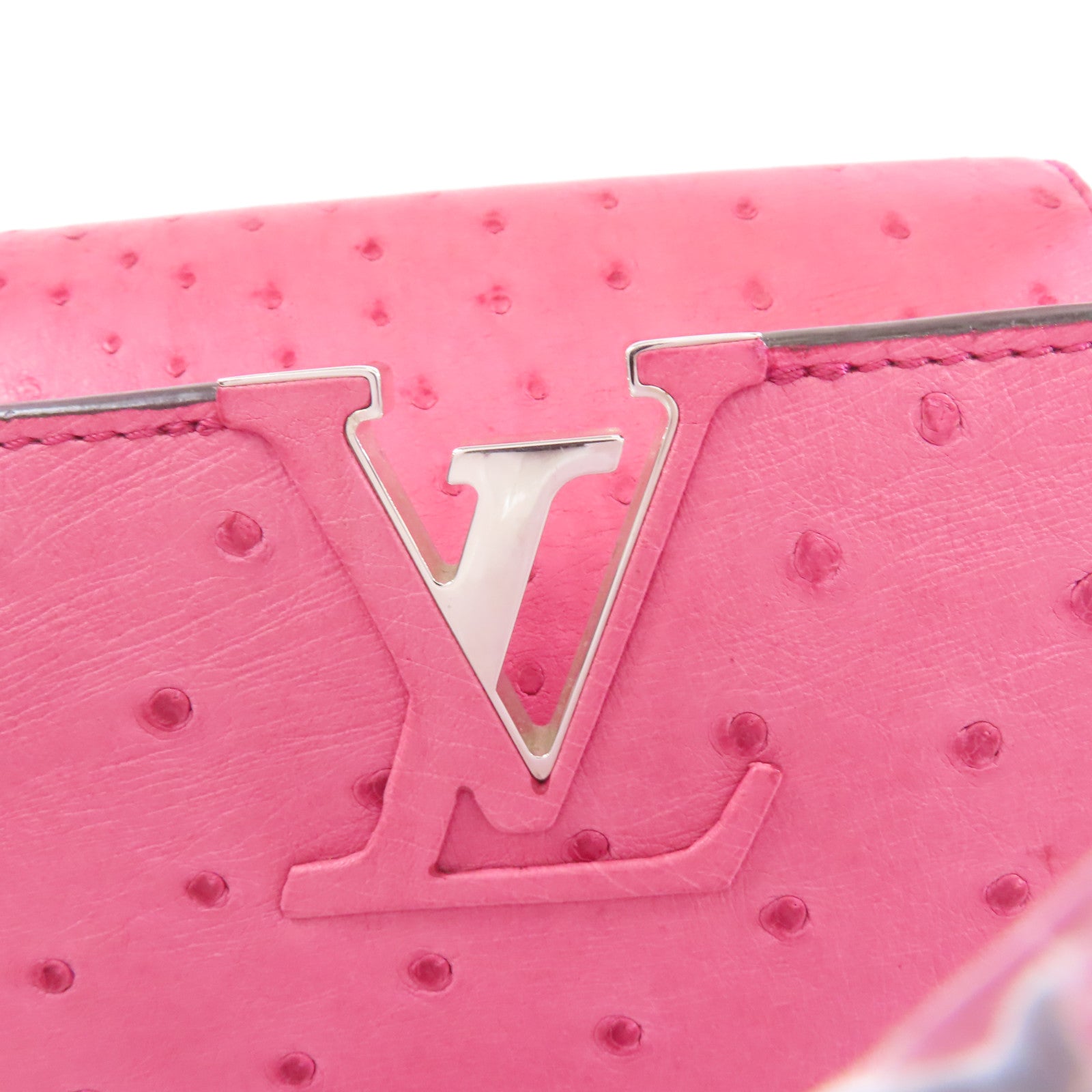 LOUIS VUITTON 鴕鳥皮革Capucines MM銀扣手挽袋Fuchsia粉紅色