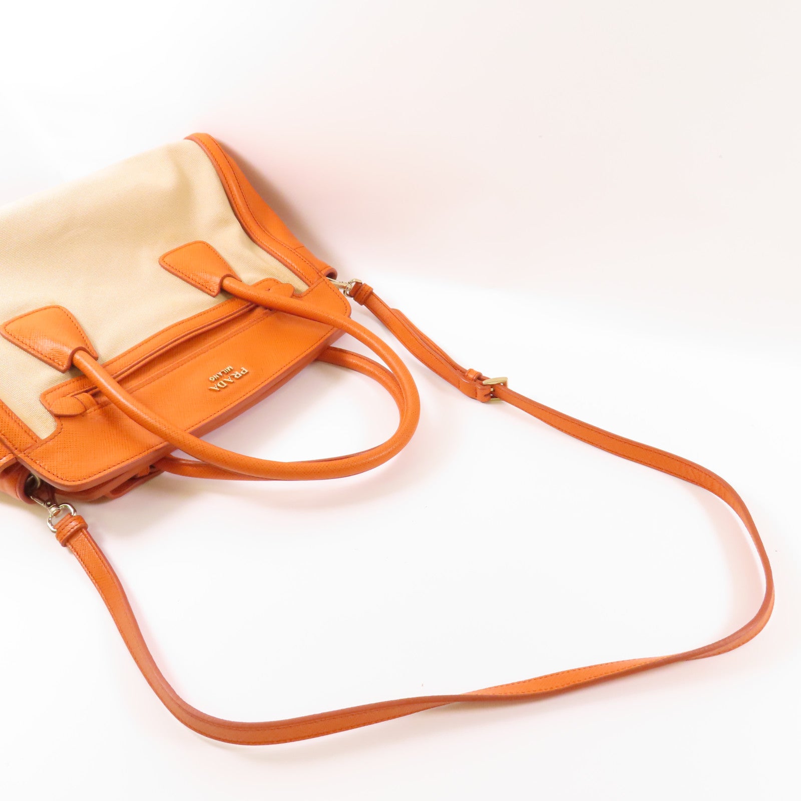 PRADA GHW 2 Way Shoulder Bag Handbag BN2595 Canvas Leather Beige Orange