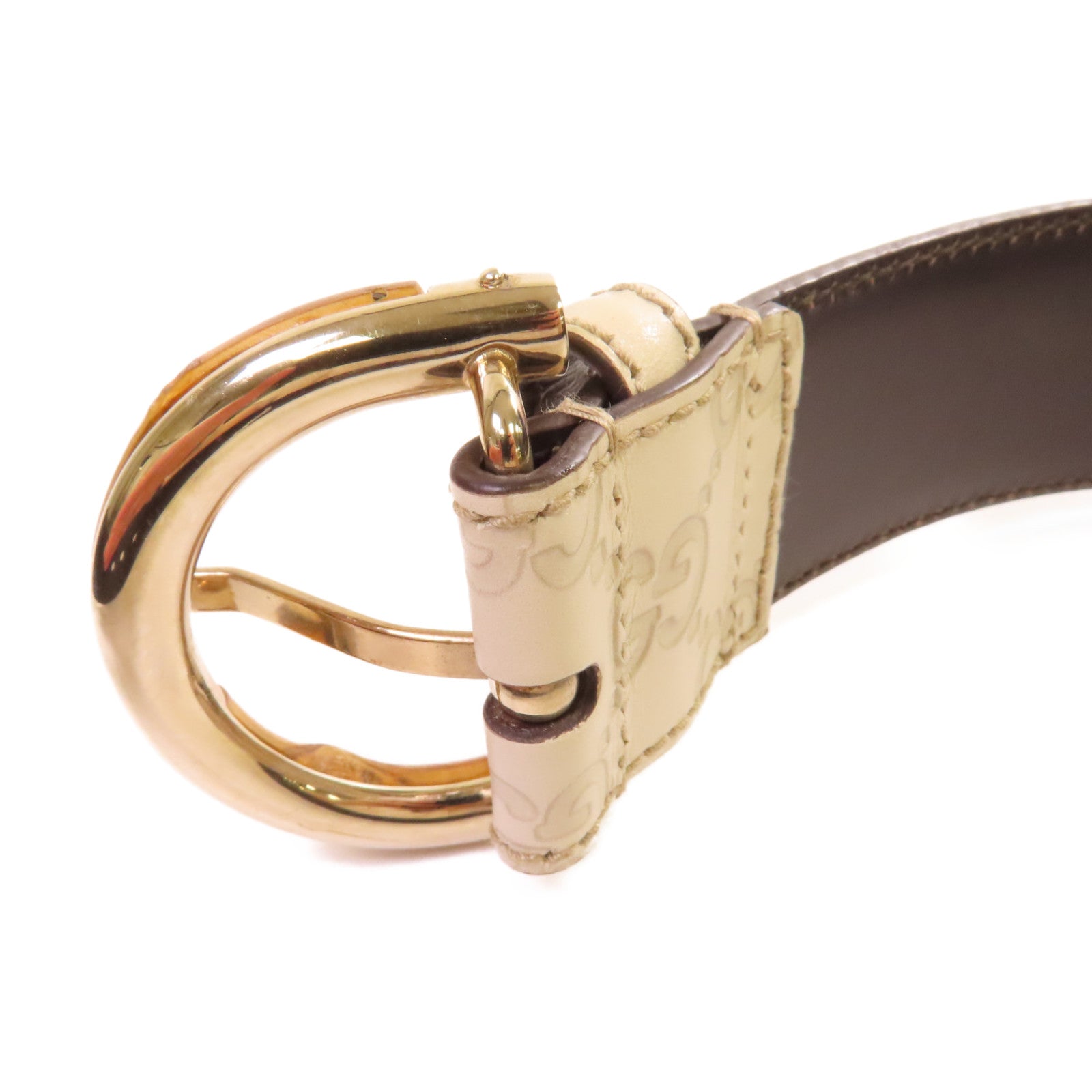 GUCCI 牛皮皮革GG Bamboo Belt金扣皮帶米白色/啡色
