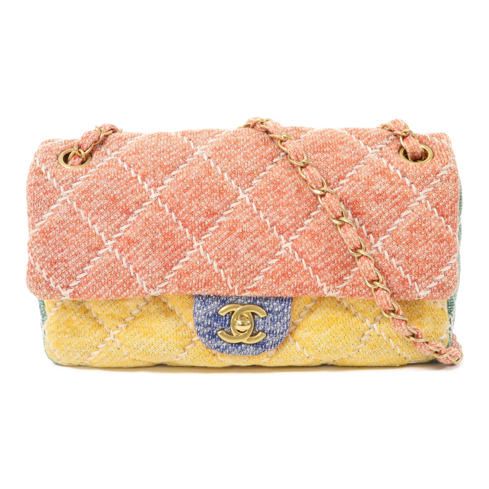 CHANEL 菱格帆布Shouder Bag金扣鏈帶肩背袋彩色