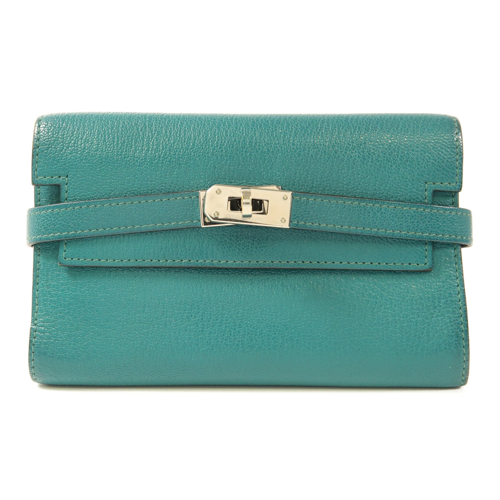 HERMES PHW Kelly Wallet Compact Chevre Leather Malachite