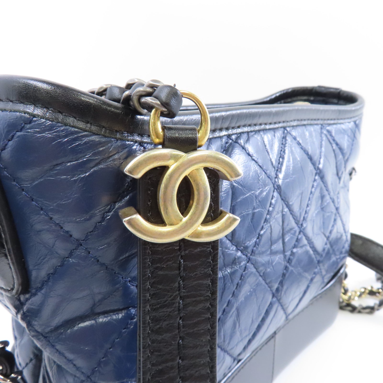 CHANEL 【激減優惠】菱格牛皮皮革Gabrielle金扣鏈帶肩背袋藍色/黑色