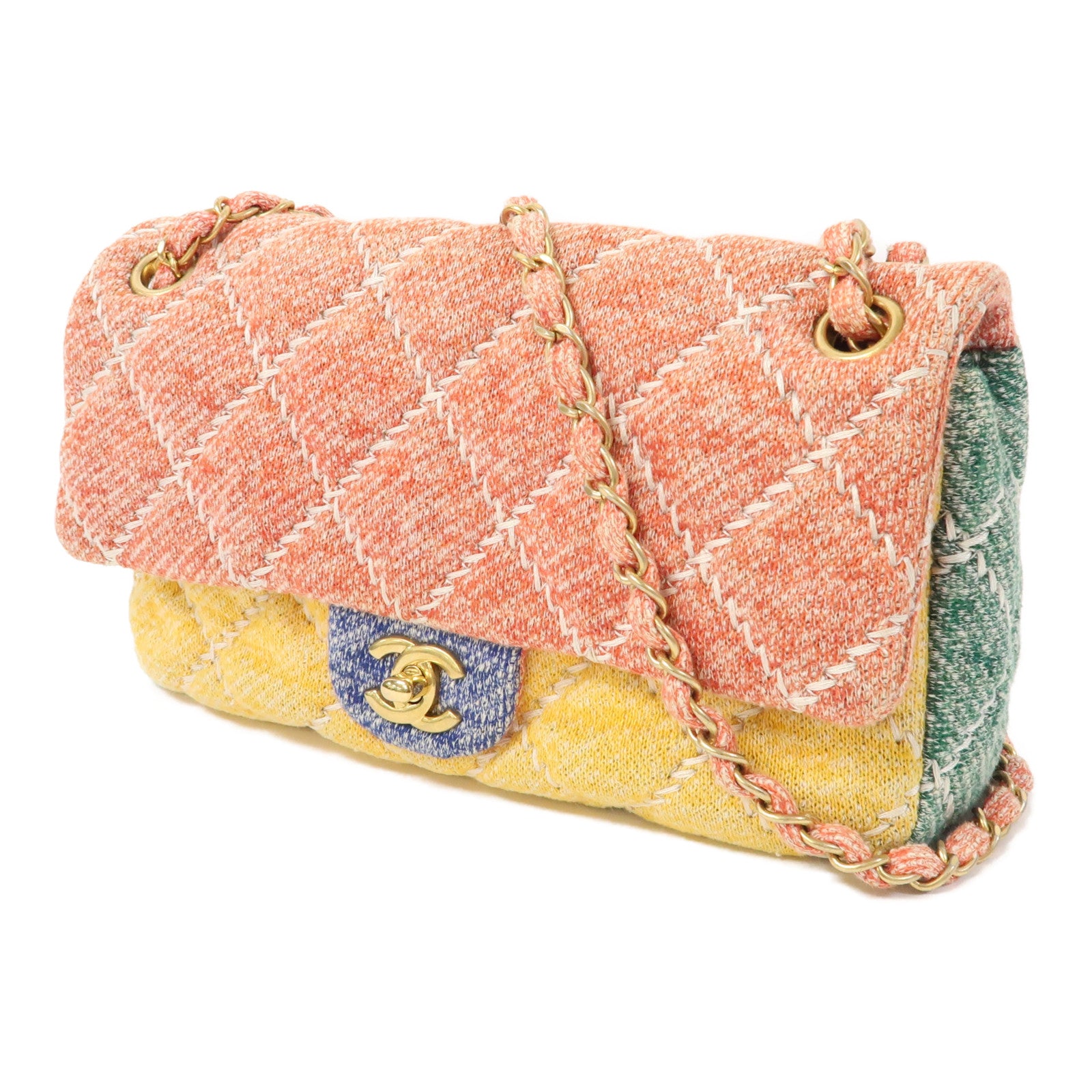 CHANEL 菱格帆布Shouder Bag金扣鏈帶肩背袋彩色