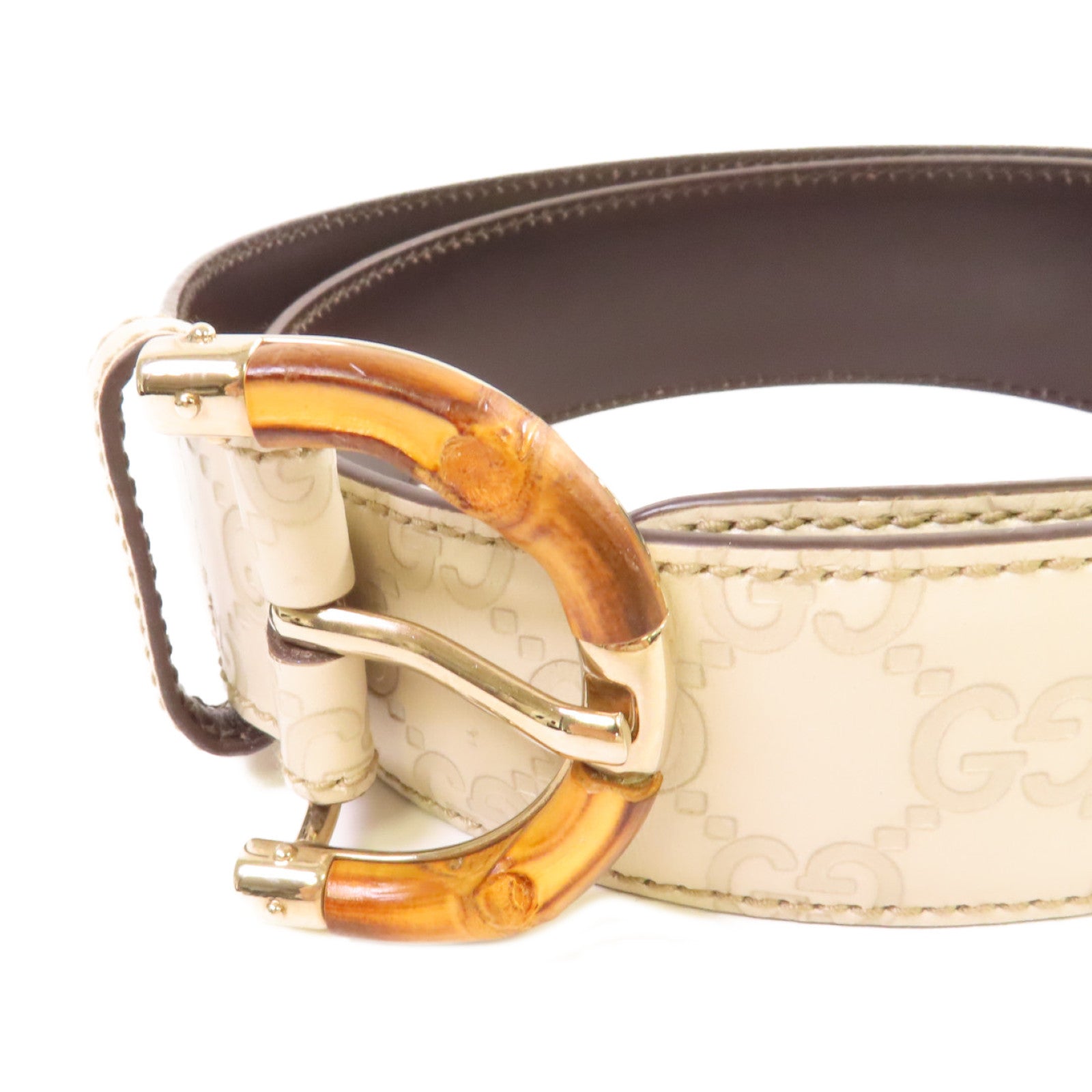 GUCCI 牛皮皮革GG Bamboo Belt金扣皮帶米白色/啡色