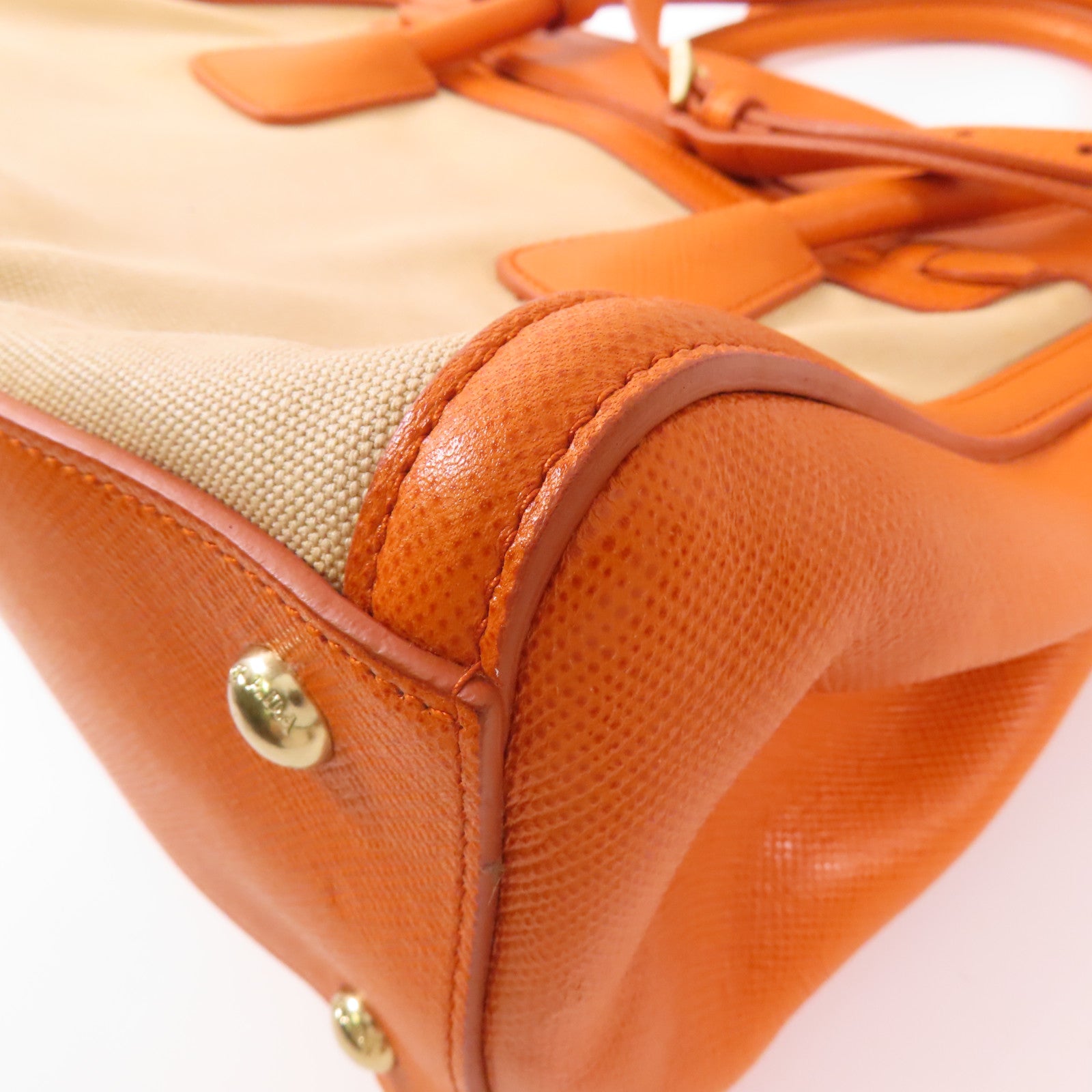 PRADA GHW 2 Way Shoulder Bag Handbag BN2595 Canvas Leather Beige Orange