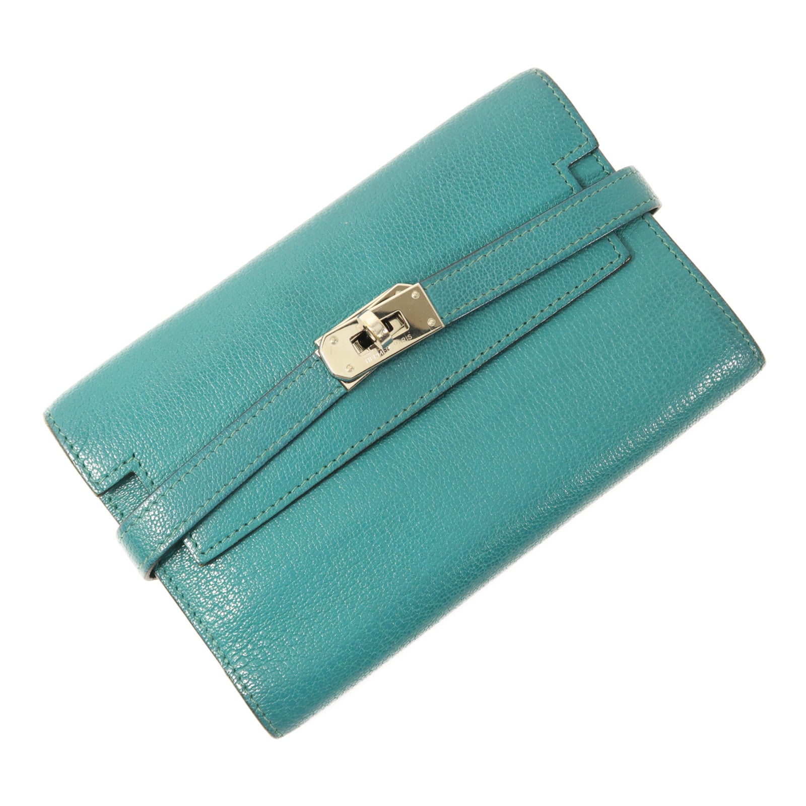 HERMES PHW Kelly Wallet Compact Chevre Leather Malachite