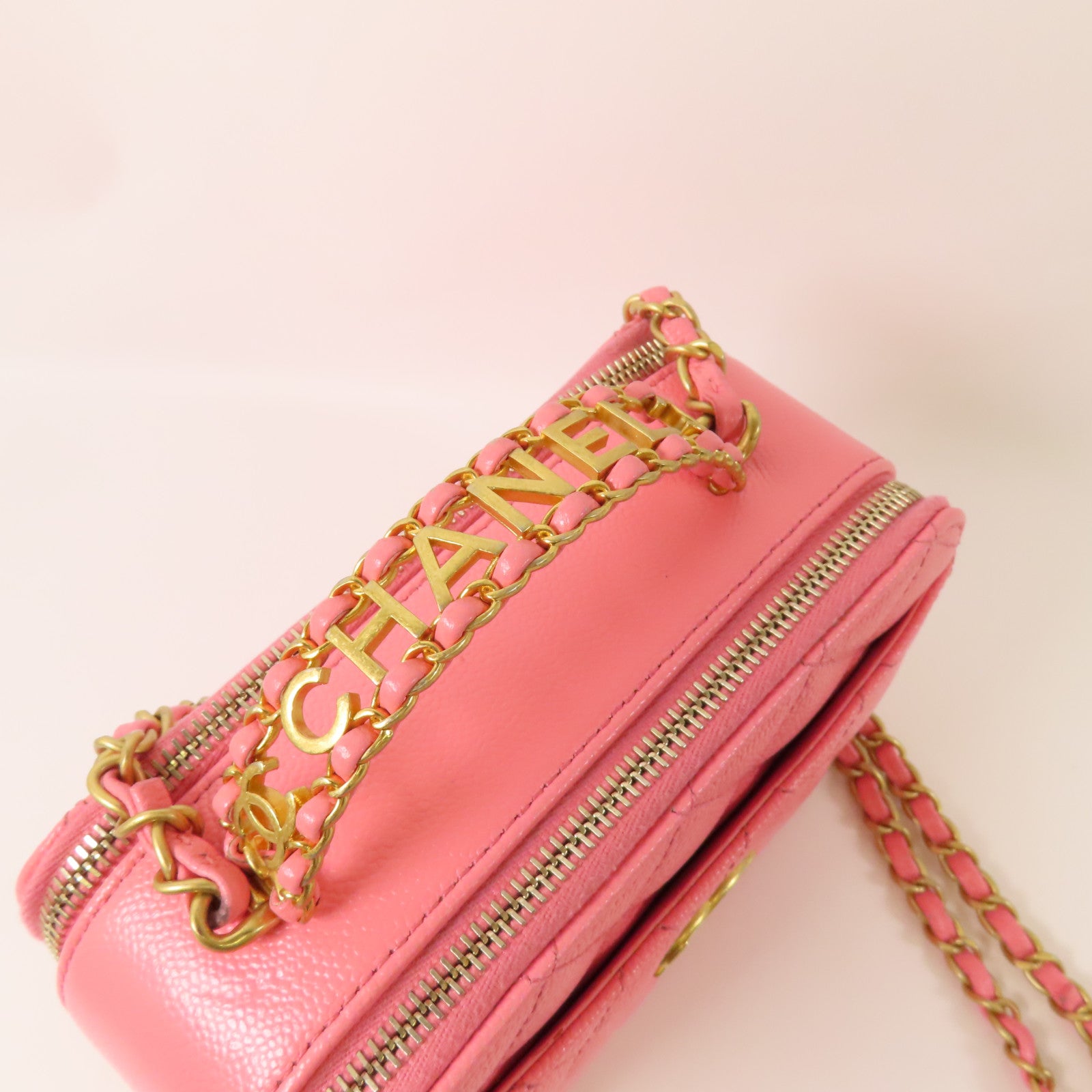 CHANEL CC GHW Vanity Case 2Way Shoulder Handbag Calfskin Leather Pink