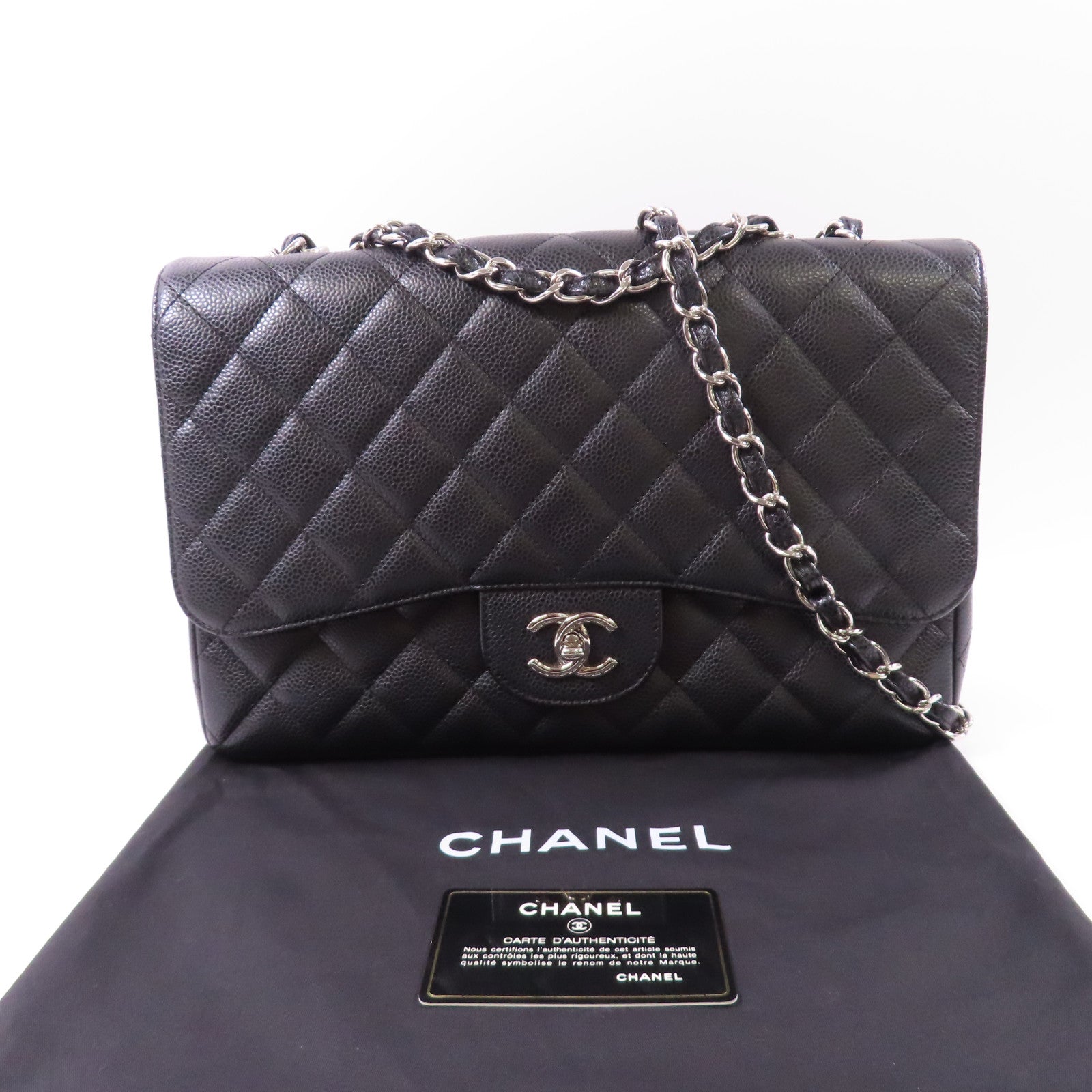 CHANEL 牛皮皮革Large Classic銀扣鏈帶肩背袋