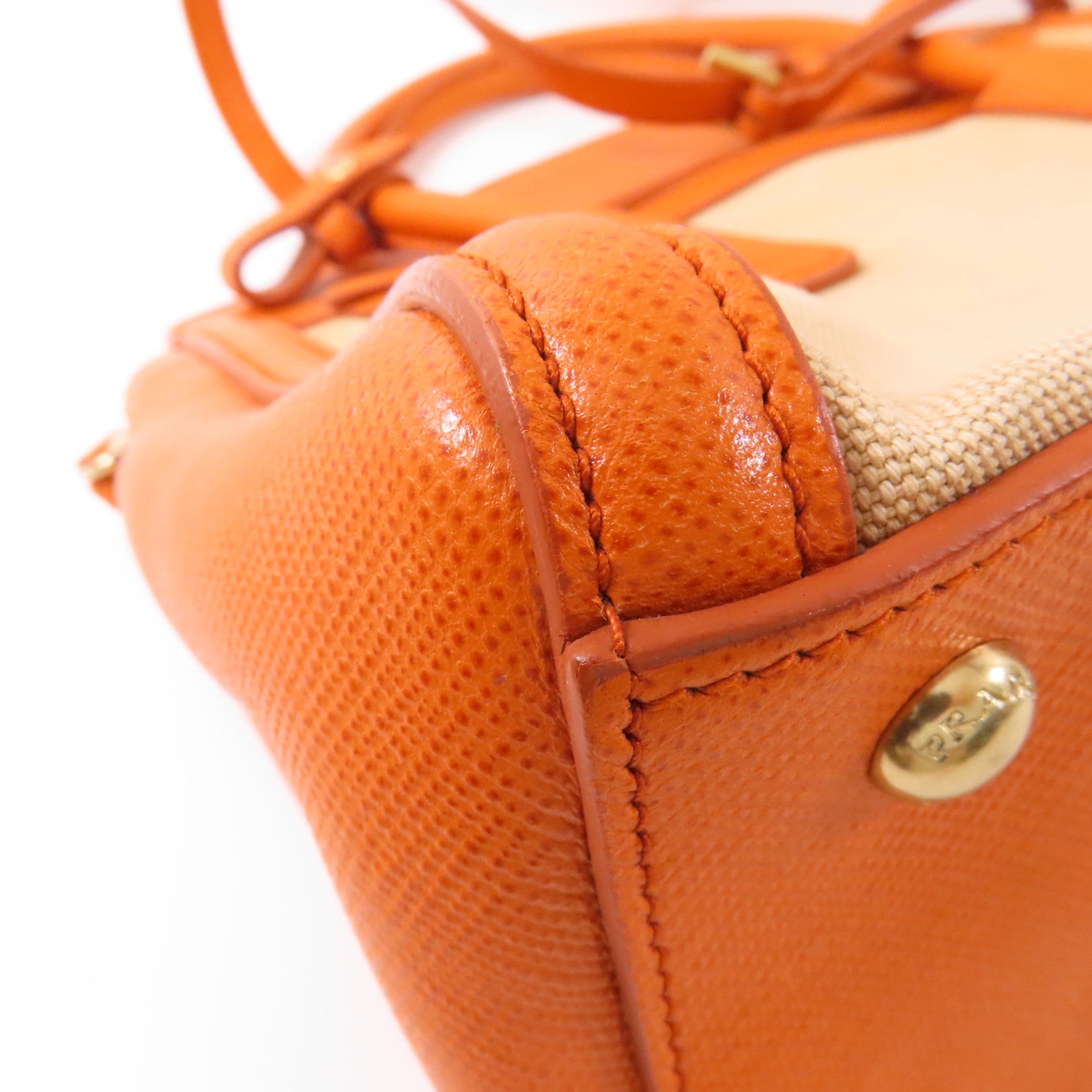 PRADA GHW 2 Way Shoulder Bag Handbag BN2595 Canvas Leather Beige Orange