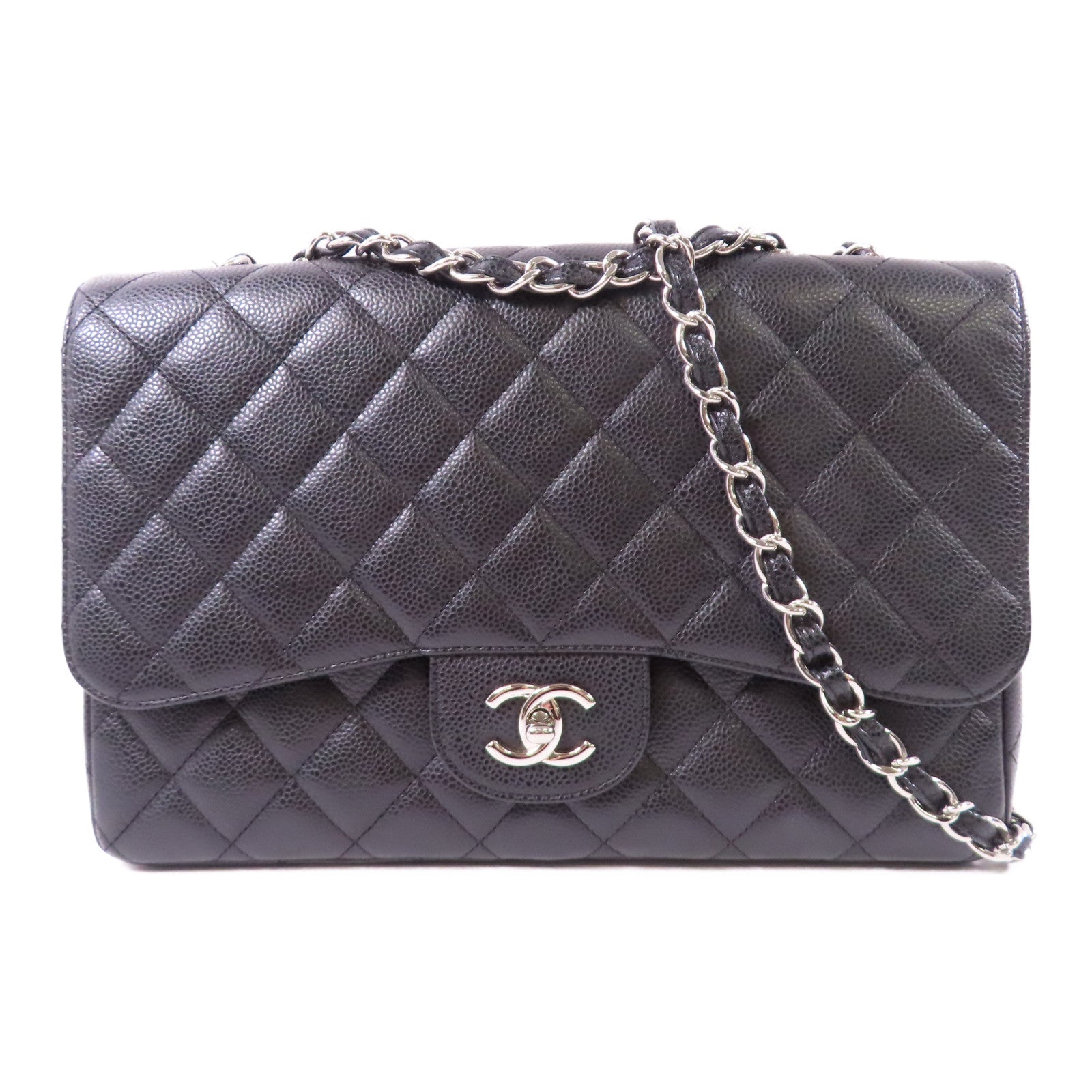 CHANEL 牛皮皮革Large Classic銀扣鏈帶肩背袋