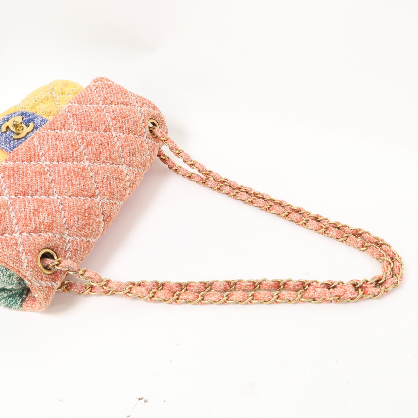 CHANEL 菱格帆布Shouder Bag金扣鏈帶肩背袋彩色