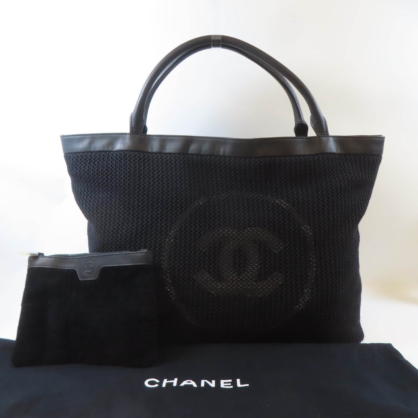 CHANEL 布料/皮革Tote Bag黑扣手挽袋黑色