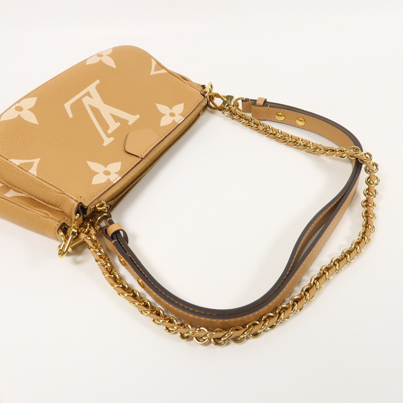 LOUIS VUITTON Monogram Empreinte Multi Pochette Accessoires金扣鏈帶手挽肩背兩用袋淺棕色/米色