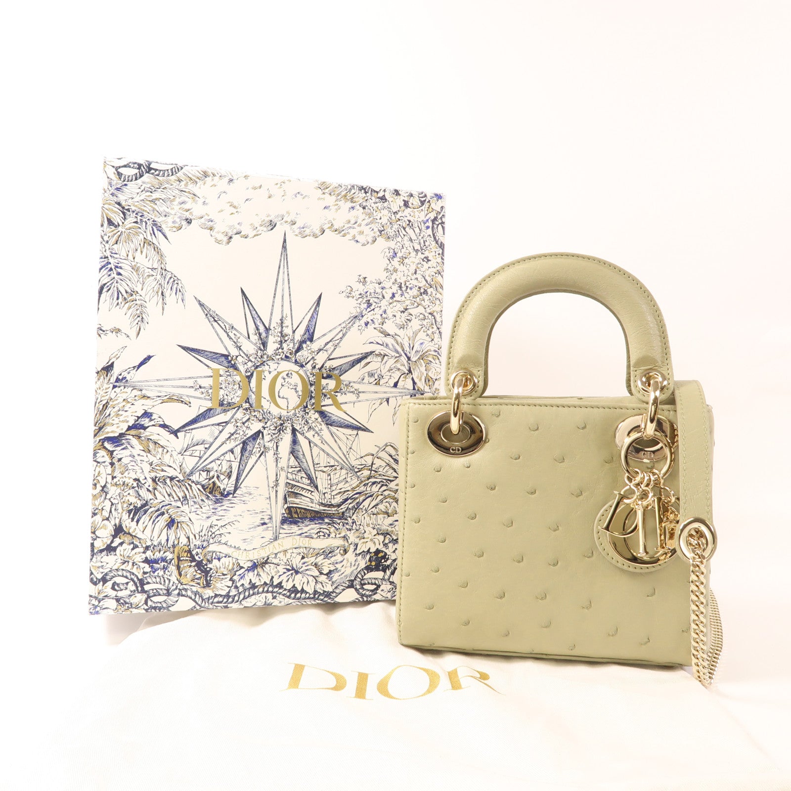 Dior 【激減優惠】Ostrich皮革Lady Dior Mini金扣手挽肩背兩用袋