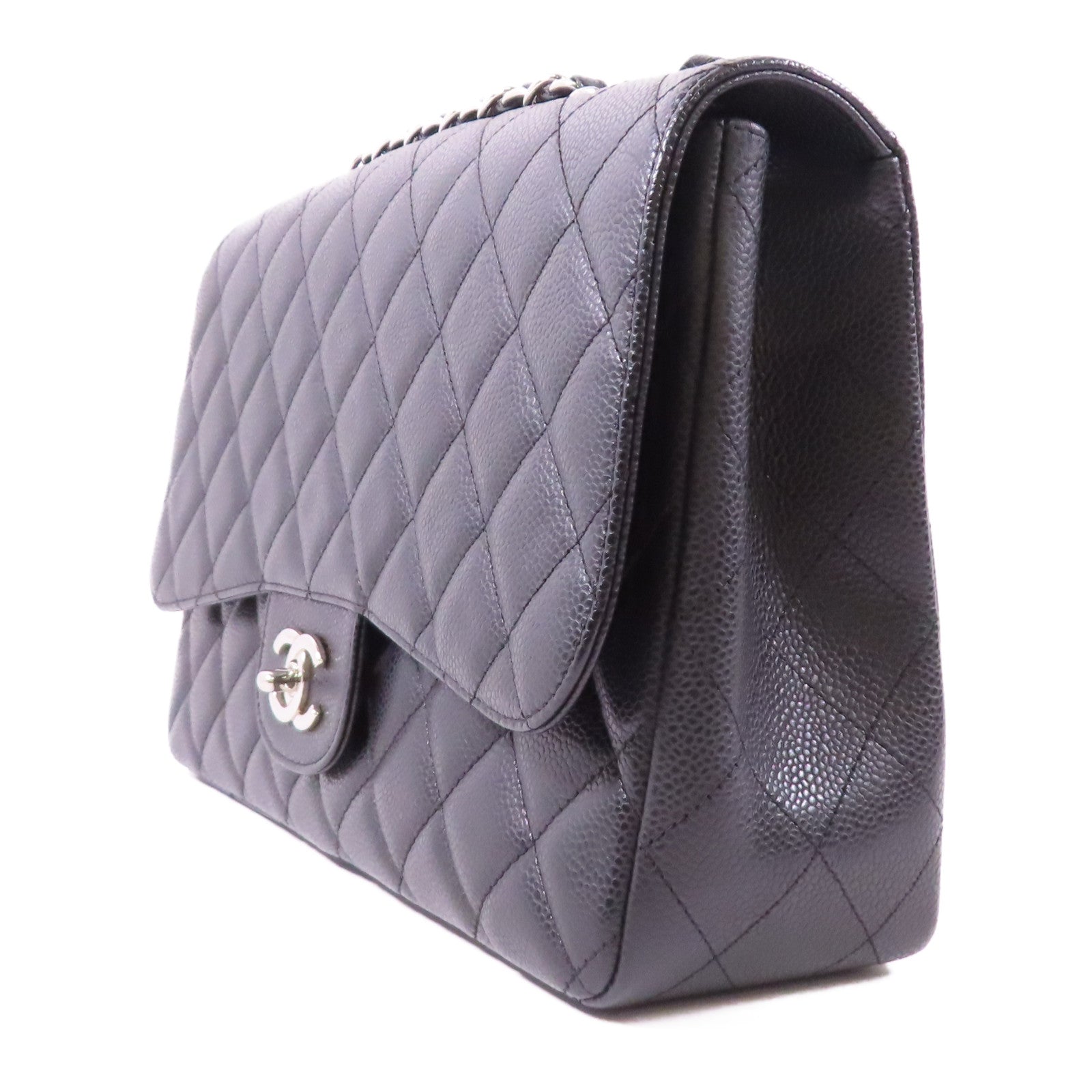 CHANEL 牛皮皮革Large Classic銀扣鏈帶肩背袋