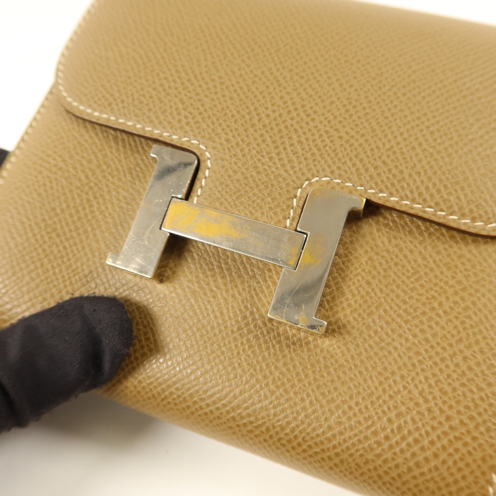 HERMES Epsom皮革Constance Compact Wallet銀扣錢包Etoupe