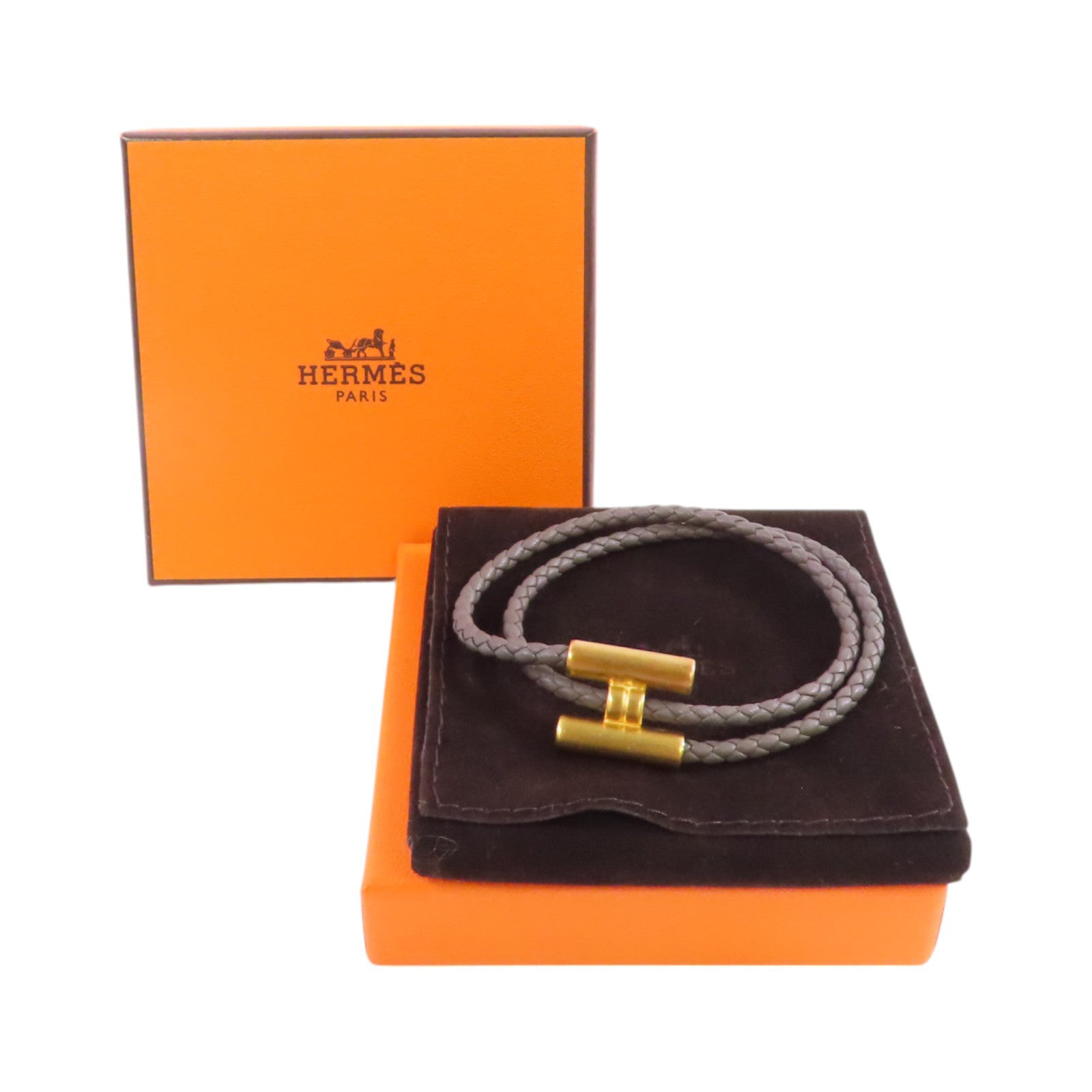 HERMES 牛皮皮革Tournis Tresse Bracelet金扣手帶