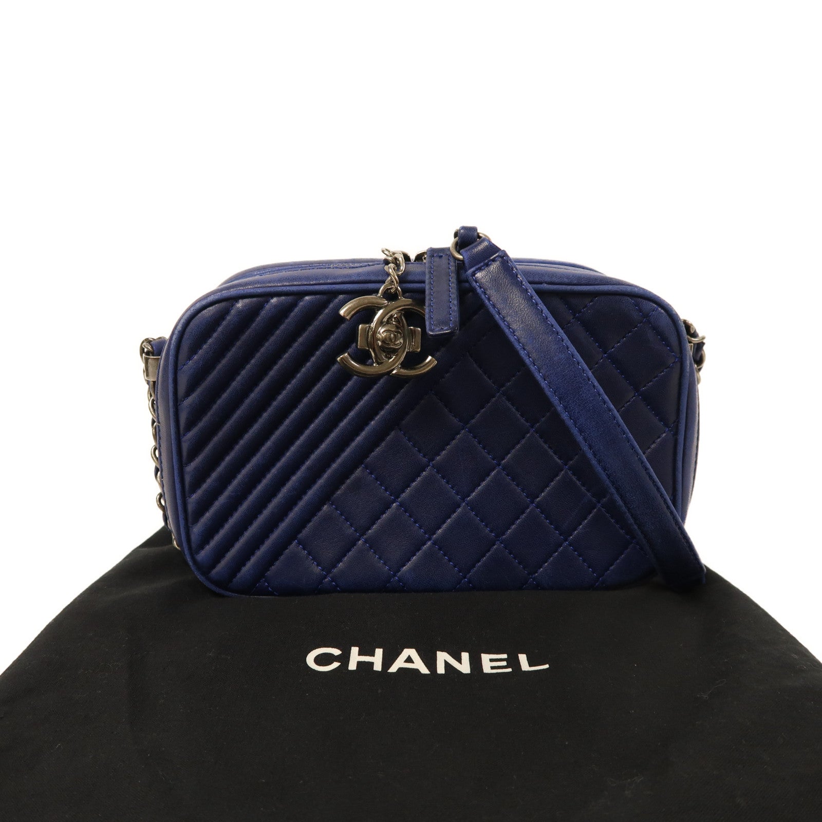 CHANEL 牛皮皮革Chain Shoulder銀扣鏈帶肩背袋藍色