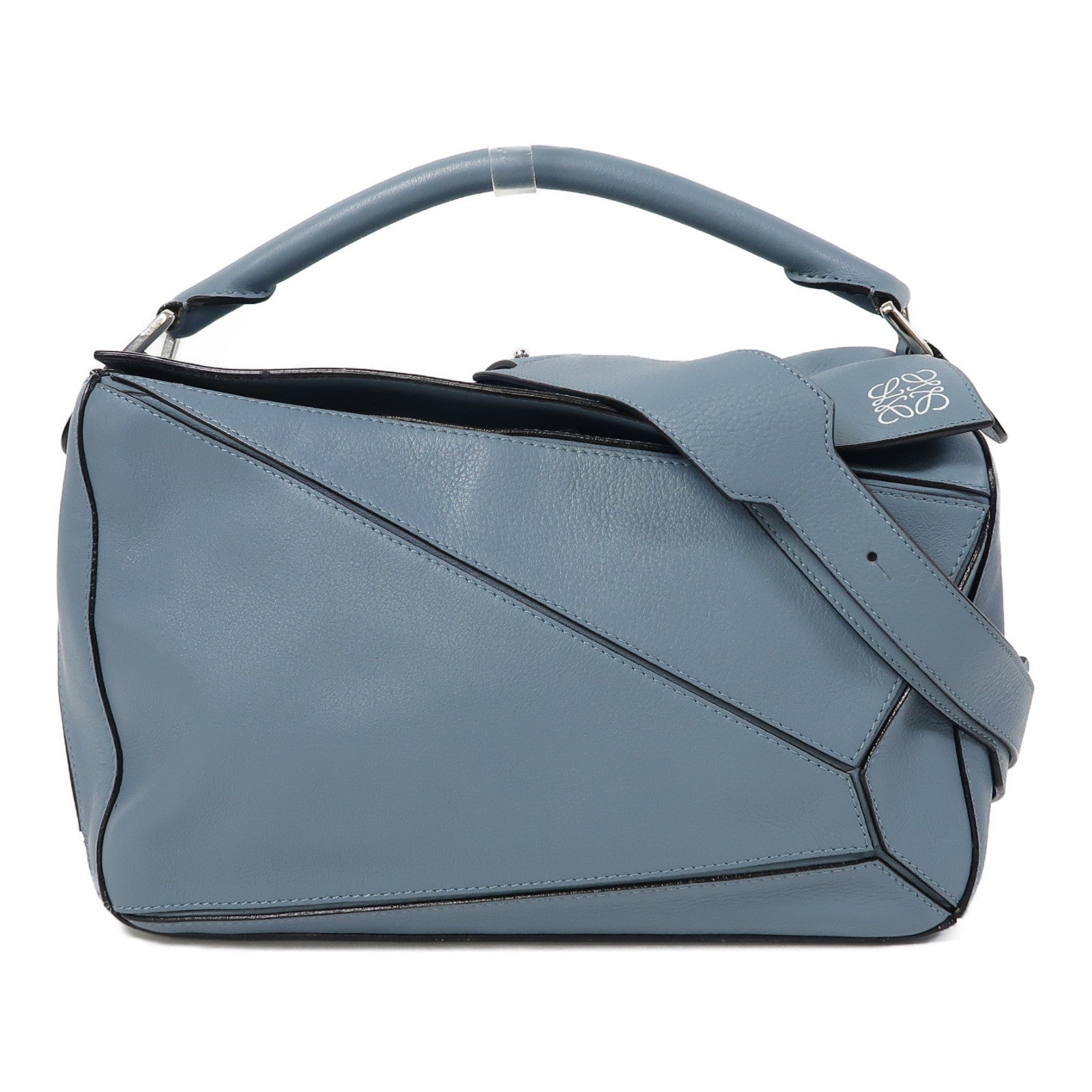 LOEWE 牛皮皮革Puzzle Medium銀扣手挽肩背兩用袋藍色