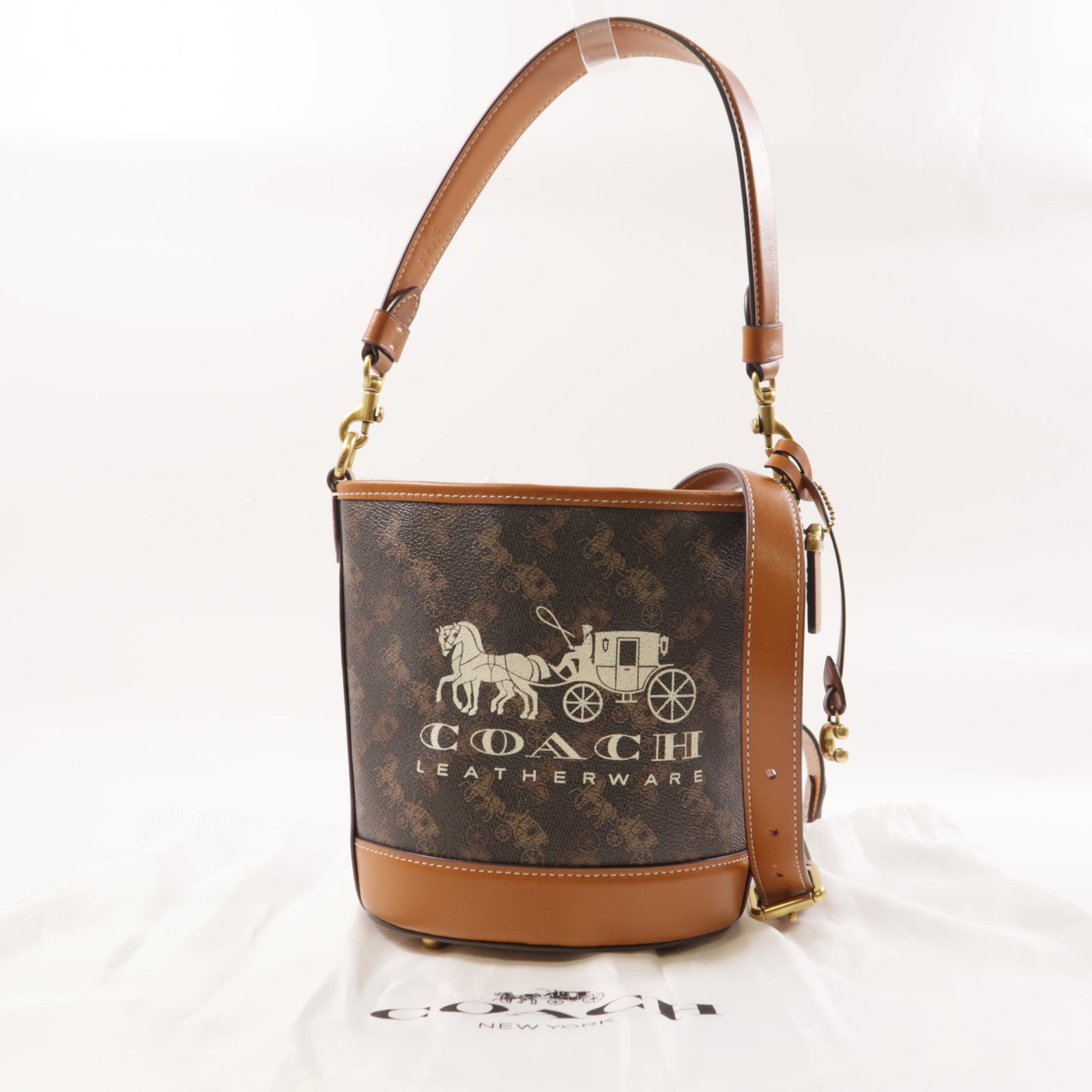 COACH 塗層帆布2 Way Shoulder金扣手挽肩背兩用袋棕色