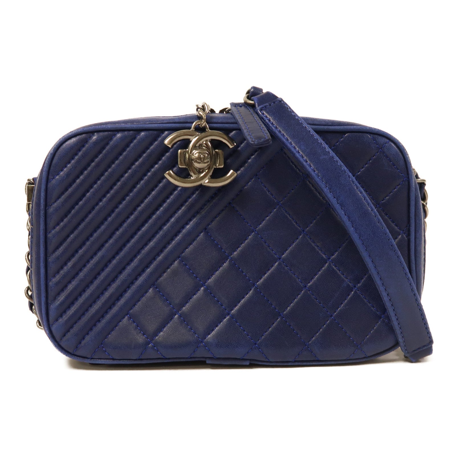 CHANEL 牛皮皮革Chain Shoulder銀扣鏈帶肩背袋藍色