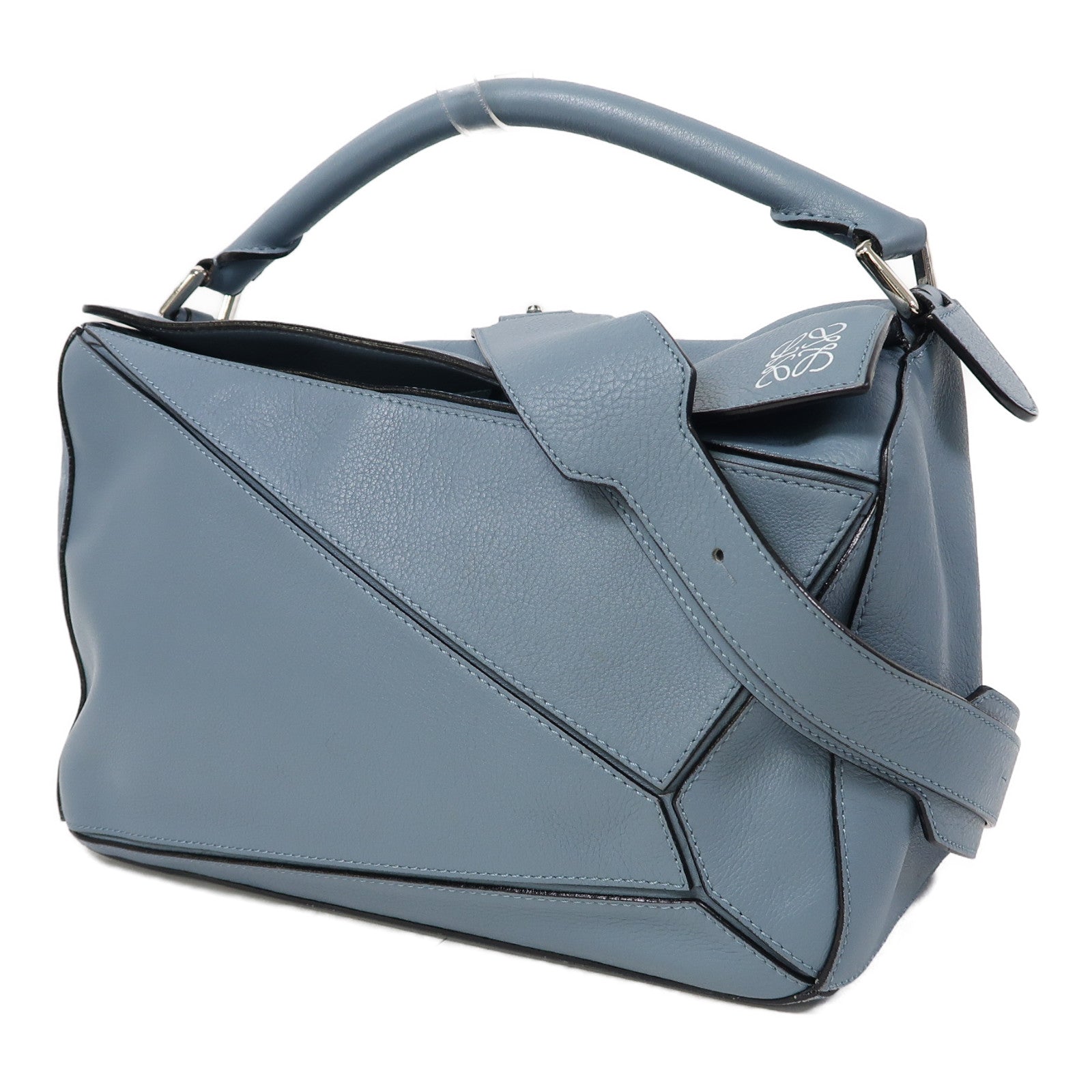 LOEWE 牛皮皮革Puzzle Medium銀扣手挽肩背兩用袋藍色