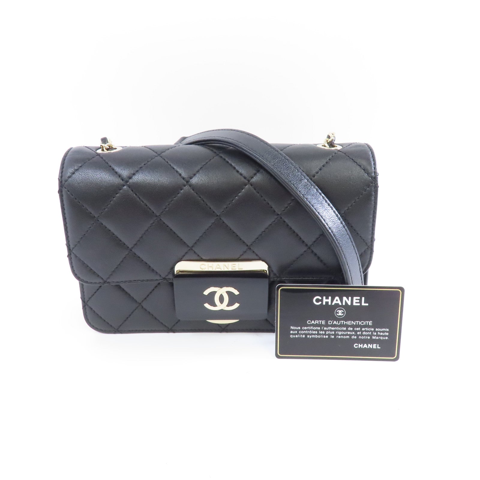 CHANEL 菱格牛皮皮革Beauty Lock Flap金扣鏈帶肩背袋黑色