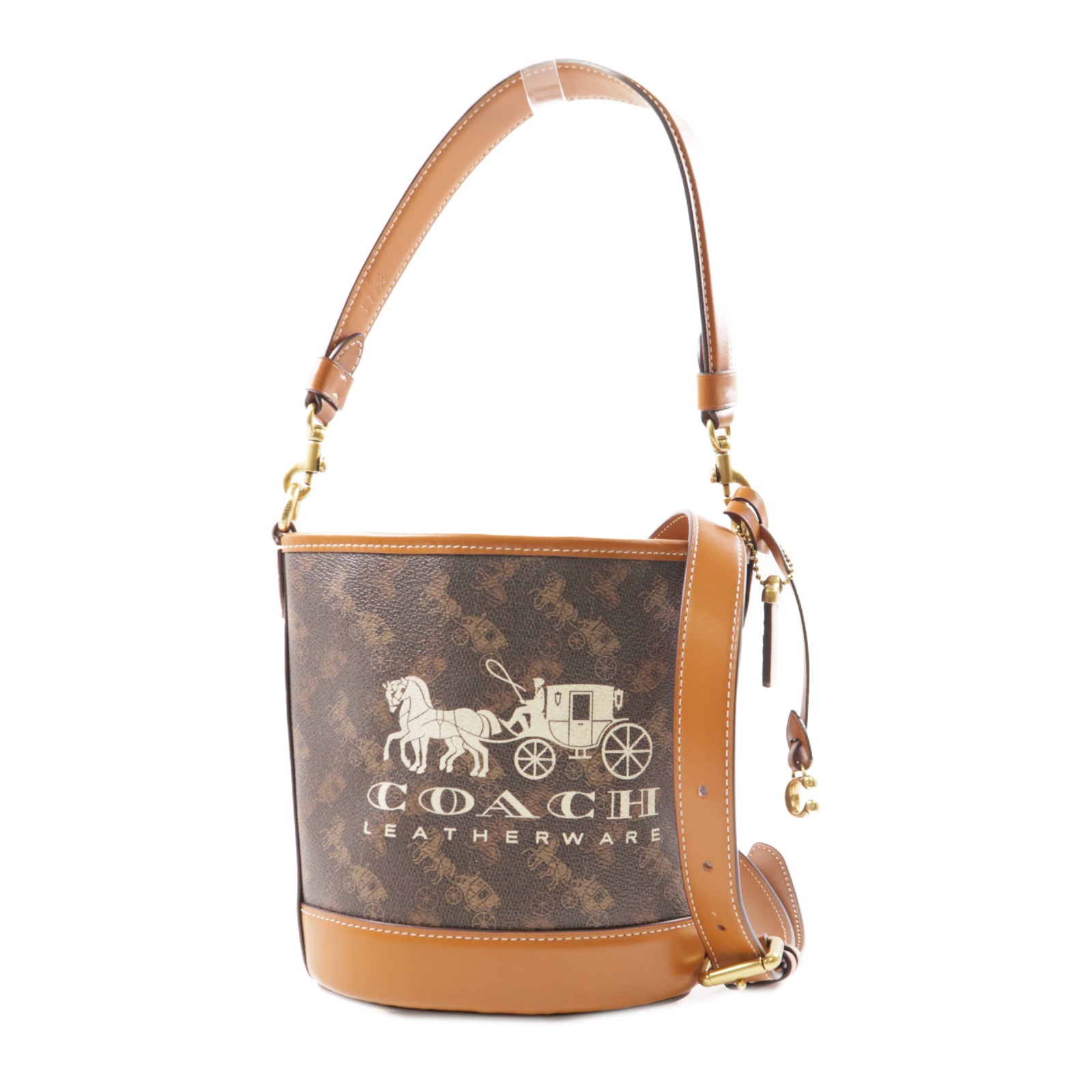 COACH 塗層帆布2 Way Shoulder金扣手挽肩背兩用袋棕色