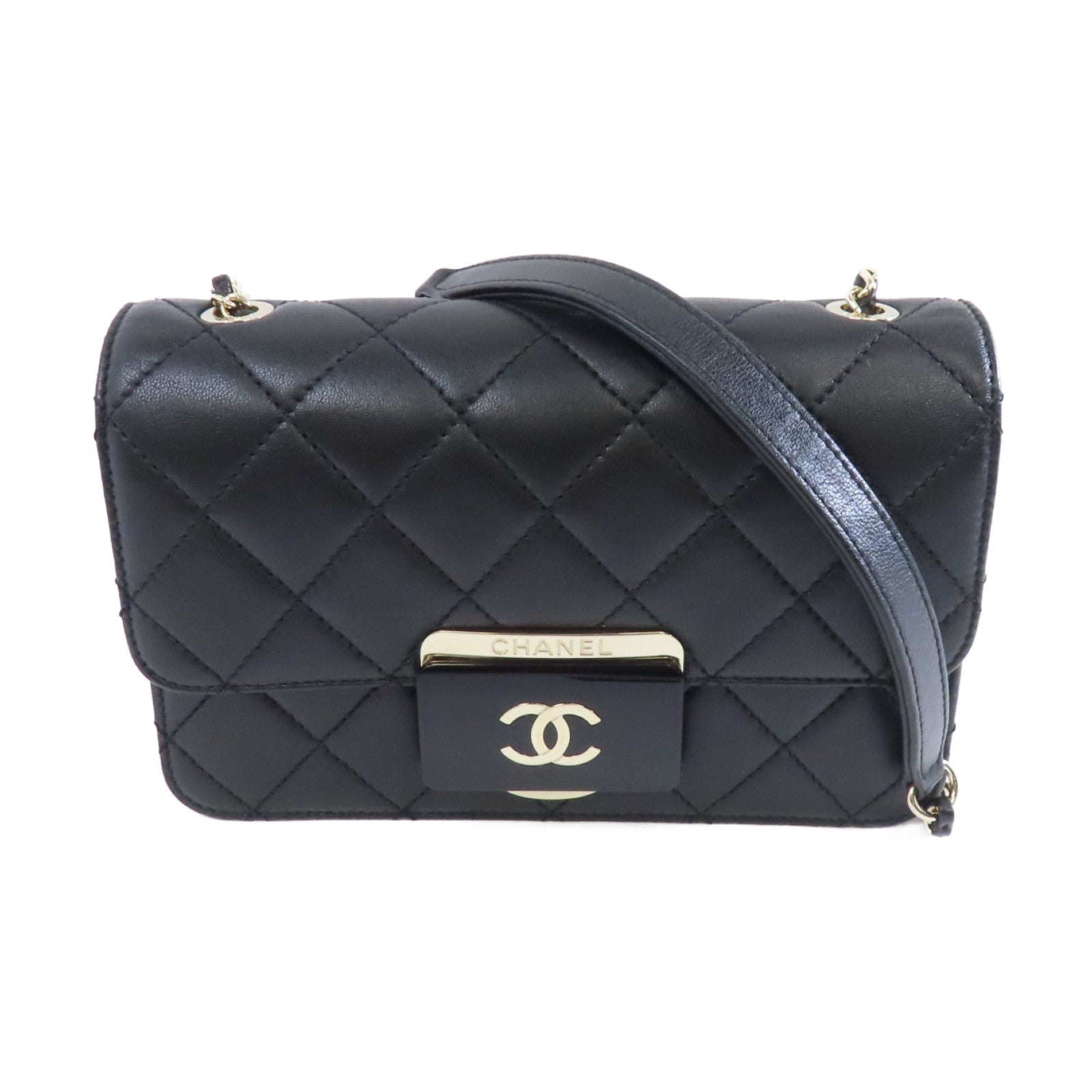 CHANEL 菱格牛皮皮革Beauty Lock Flap金扣鏈帶肩背袋黑色