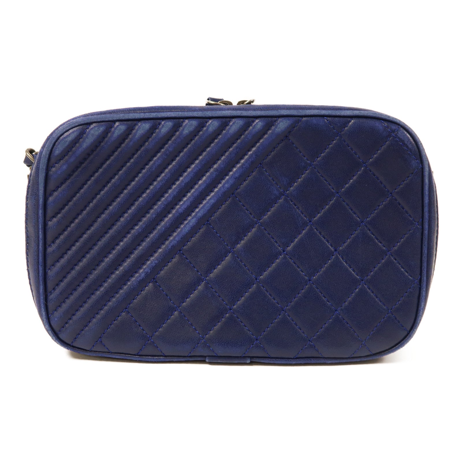 CHANEL 牛皮皮革Chain Shoulder銀扣鏈帶肩背袋藍色