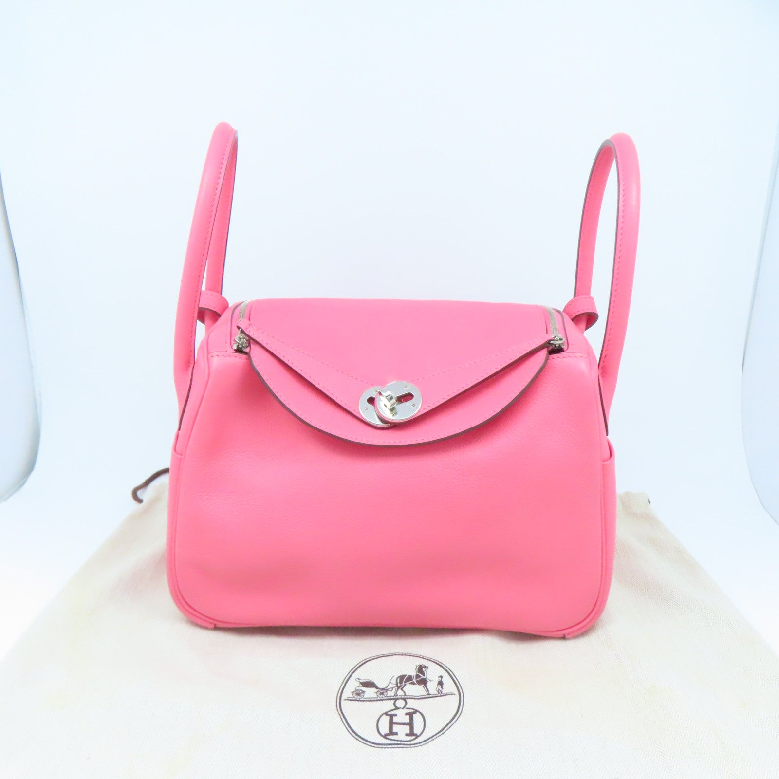 HERMES Evercolor皮革Lindy 26银扣手挽肩背两用袋Rose Lipstick粉红色