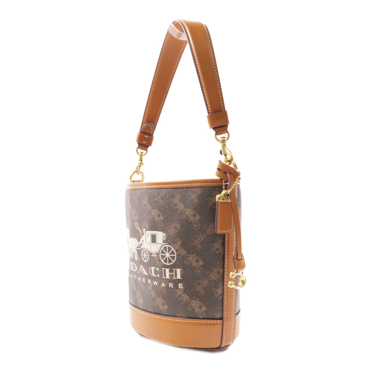 COACH 塗層帆布2 Way Shoulder金扣手挽肩背兩用袋棕色