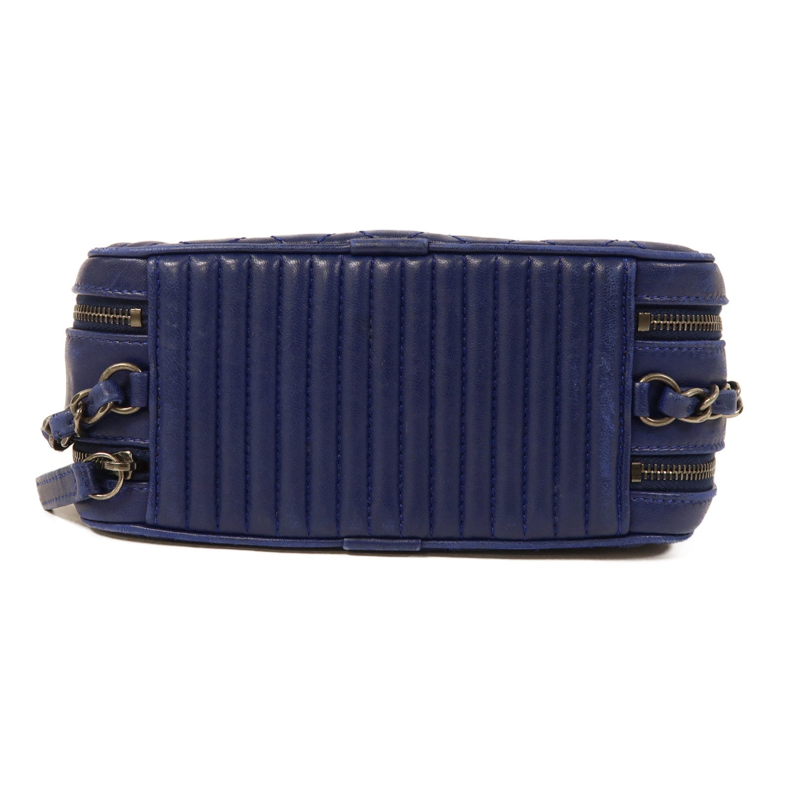 CHANEL 牛皮皮革Chain Shoulder銀扣鏈帶肩背袋藍色