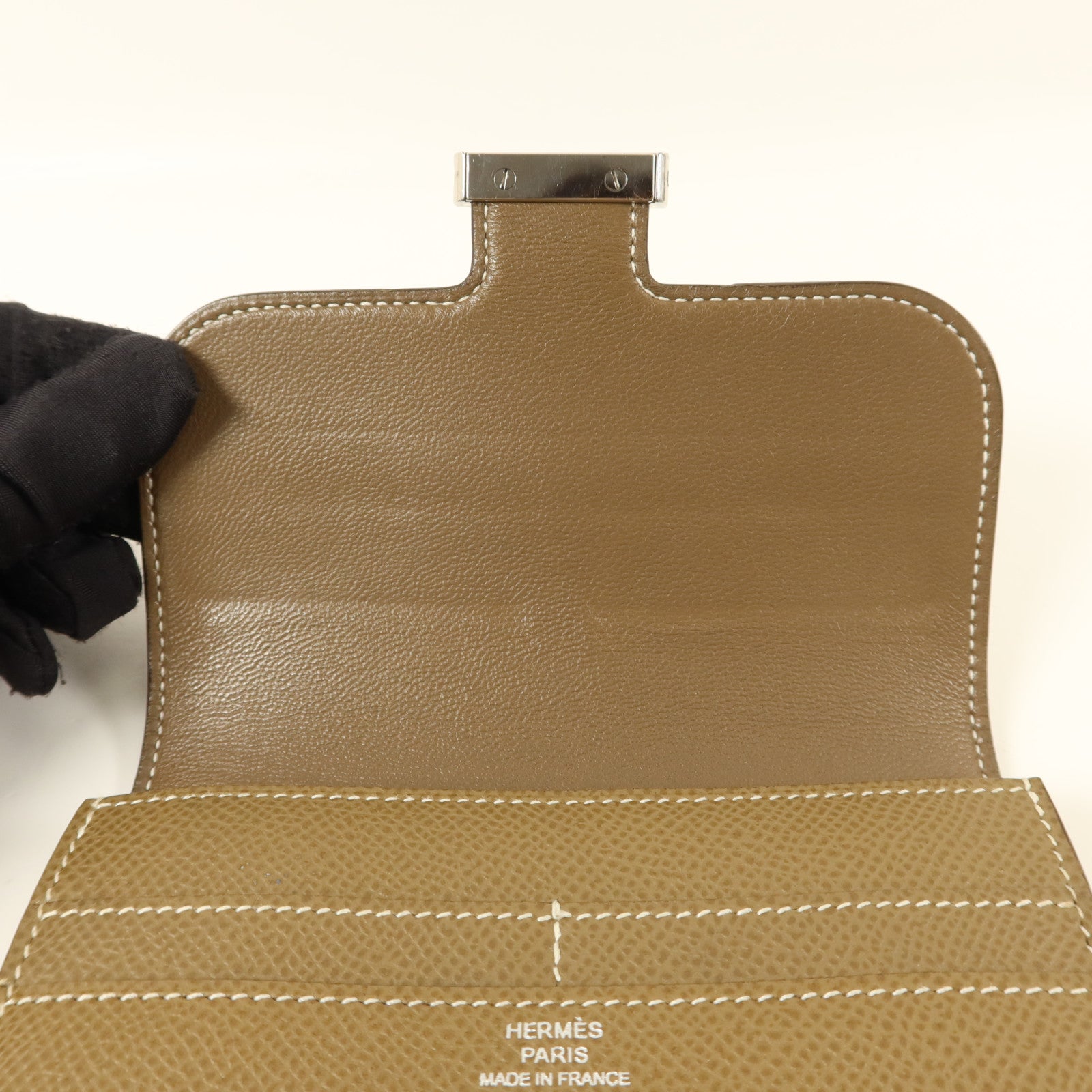 HERMES Epsom皮革Constance Compact Wallet銀扣錢包Etoupe