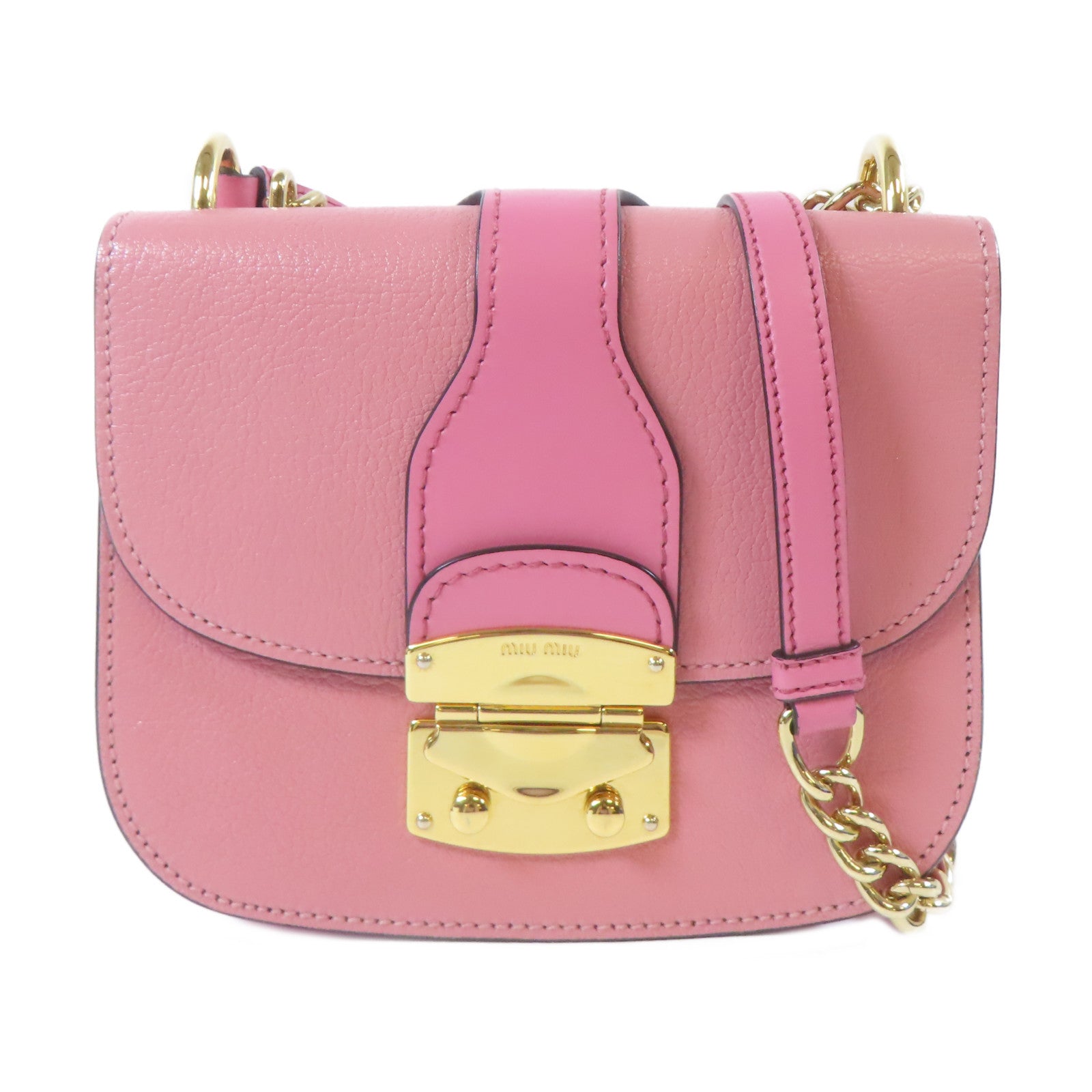 Miu Miu 山羊皮革Madras金扣鏈帶肩背袋粉紅色