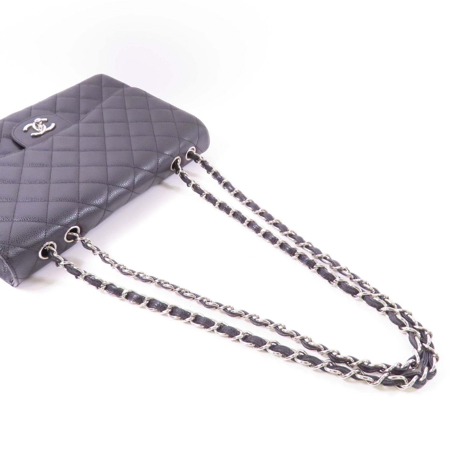 CHANEL 牛皮皮革Large Classic銀扣鏈帶肩背袋