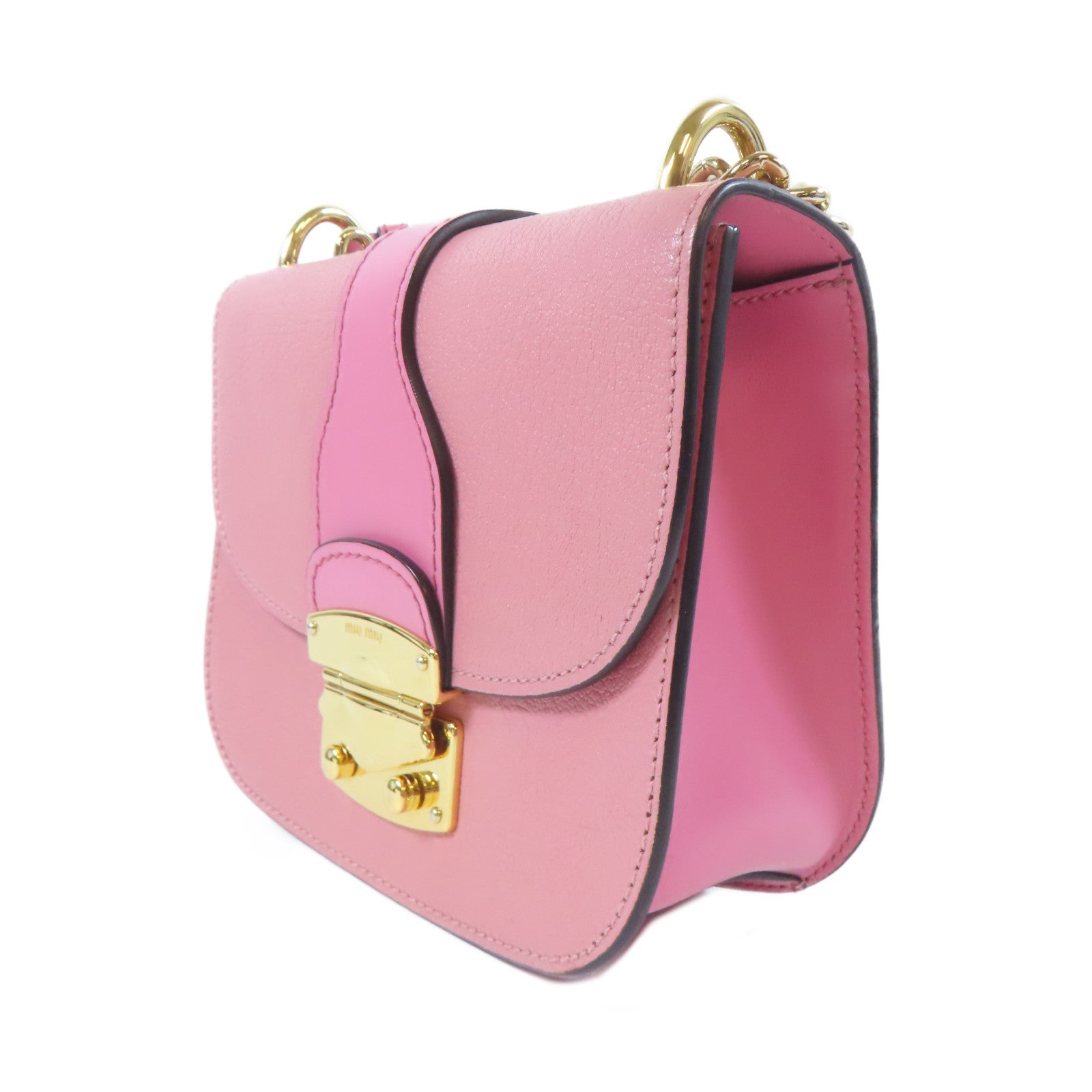 Miu Miu 山羊皮革Madras金扣鏈帶肩背袋粉紅色